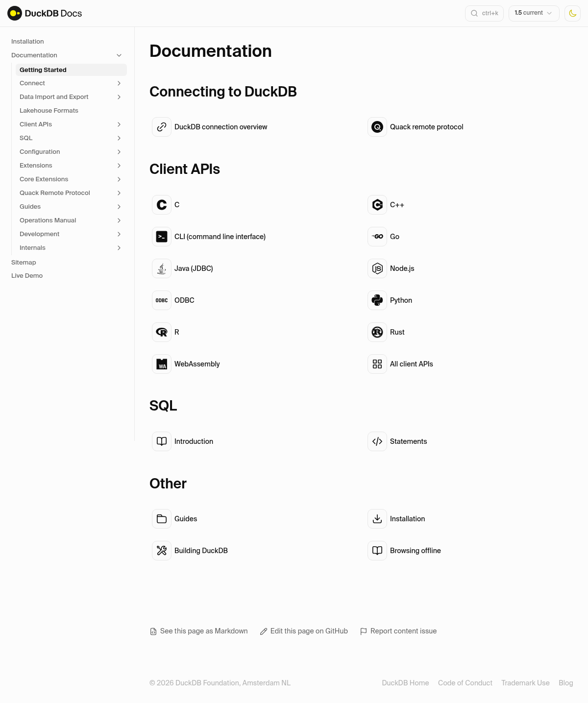 DuckDB documentation homepage captured 2026-10-14. The numbered notes describe its navigation and starting routes.
