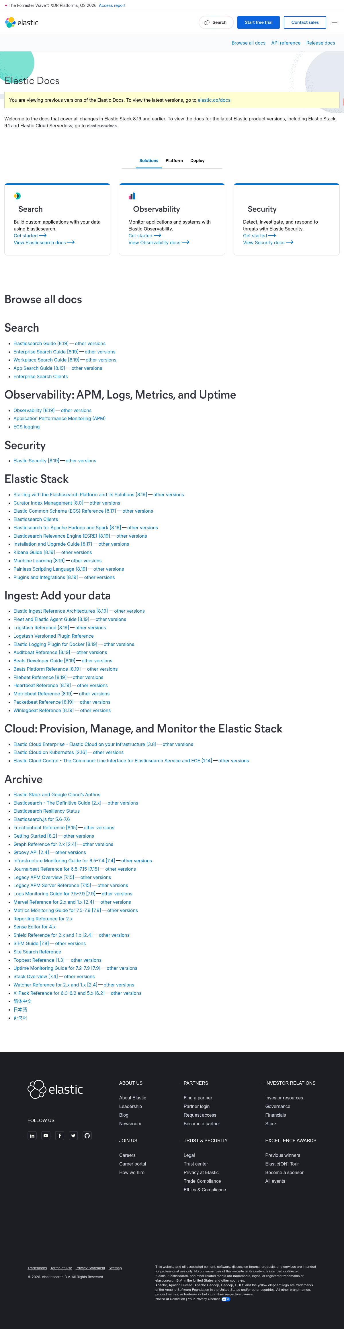 Elastic documentation homepage captured 2026-10-14. The numbered notes describe its navigation and starting routes.