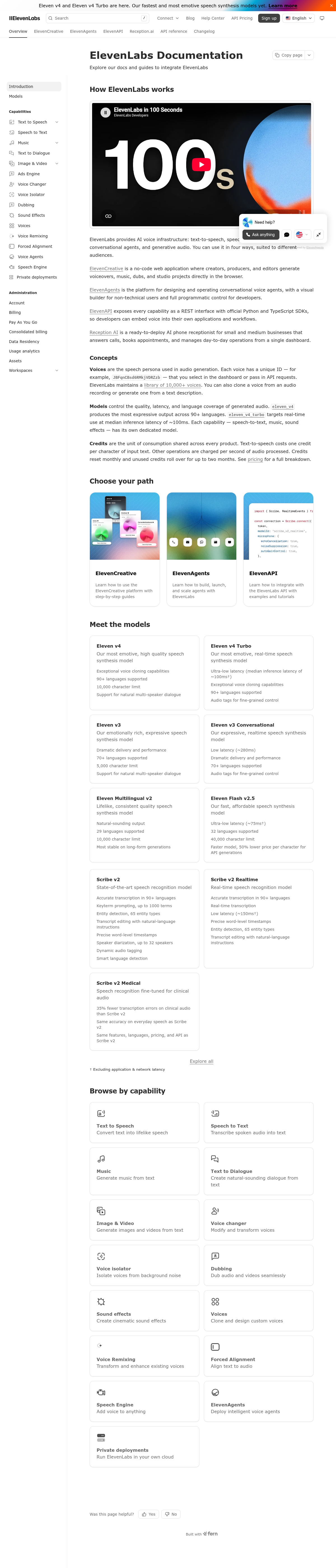 ElevenLabs documentation homepage captured 2026-10-14. The numbered notes describe its navigation and starting routes.