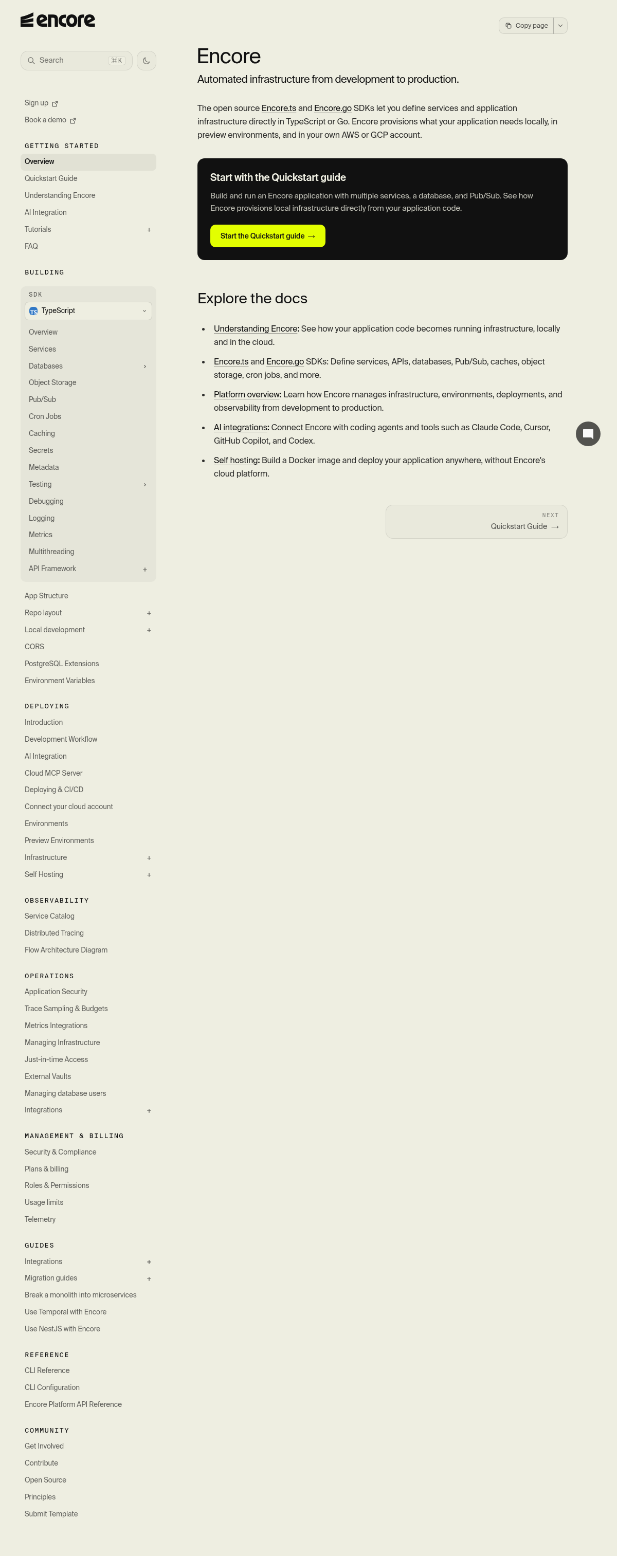 Encore documentation homepage captured 2026-10-14. The numbered notes describe its navigation and starting routes.