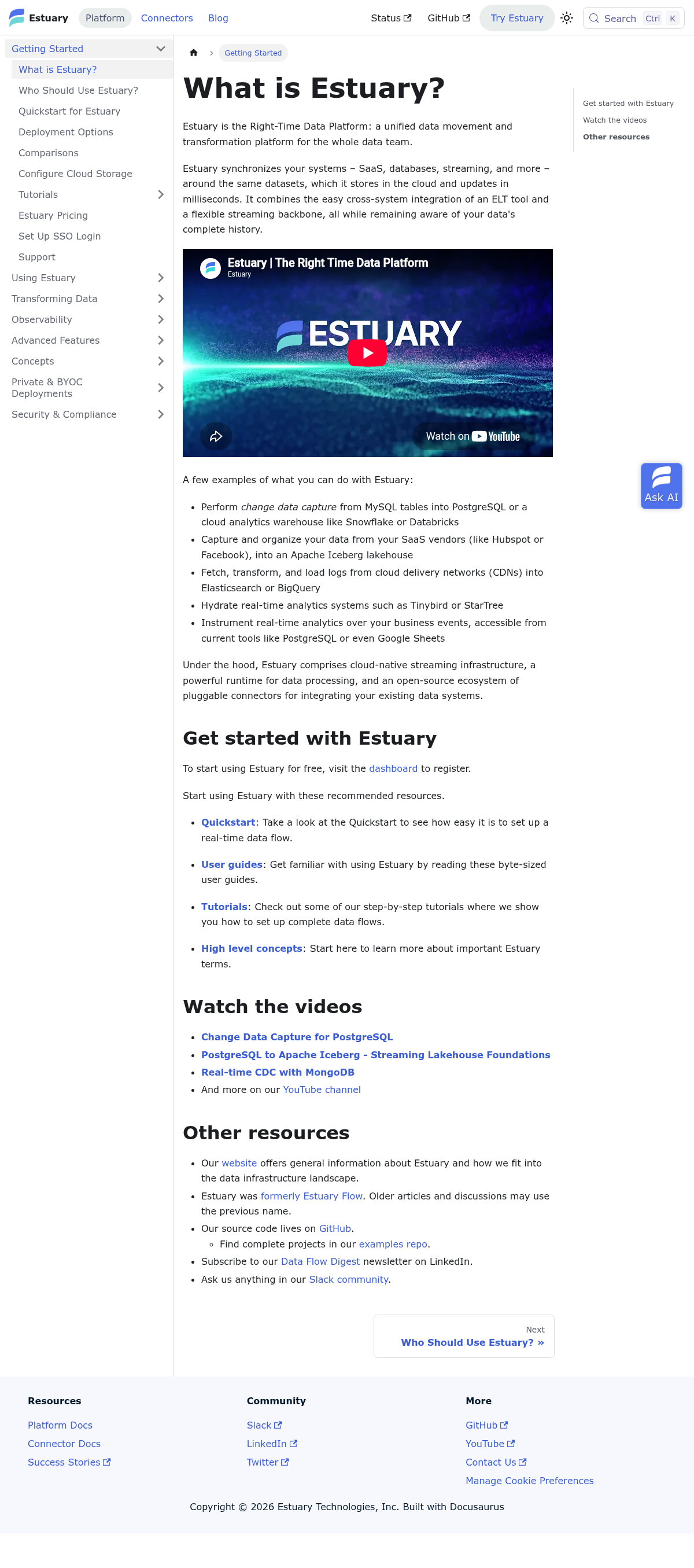Estuary documentation homepage captured 2026-10-14. The numbered notes describe its navigation and starting routes.