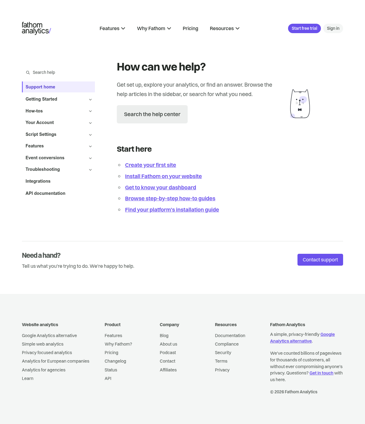 Fathom Analytics documentation homepage captured 2026-10-14. The numbered notes describe its navigation and starting routes.