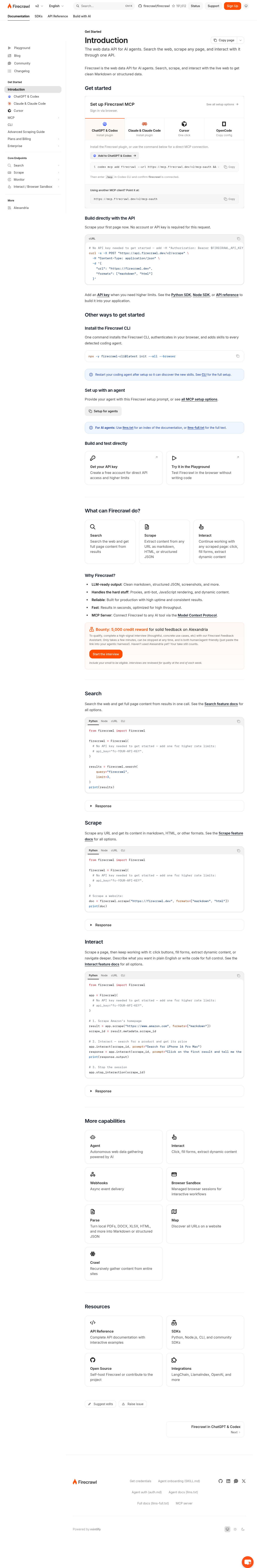 Firecrawl documentation homepage captured 2026-10-14. The numbered notes describe its navigation and starting routes.