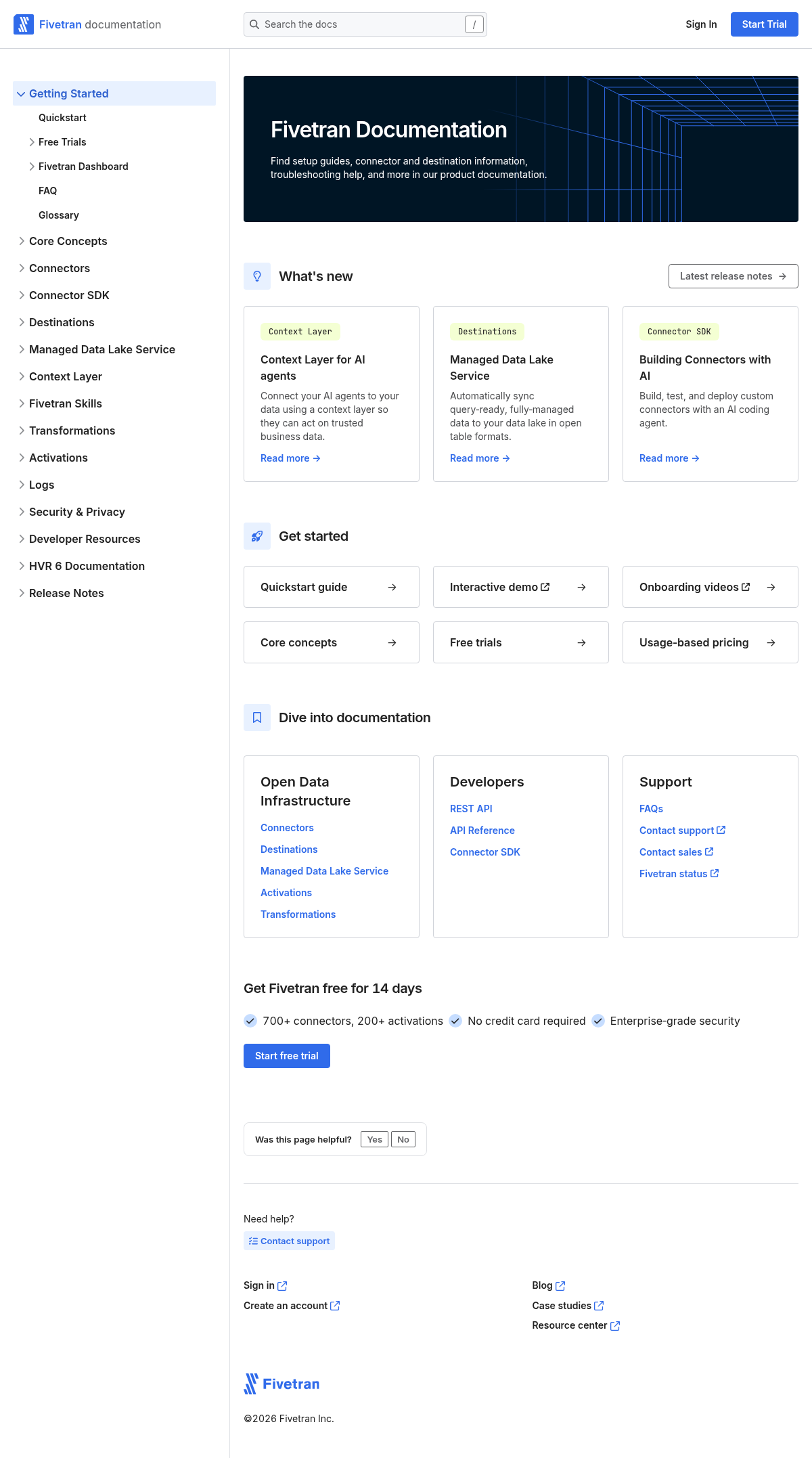 Fivetran documentation homepage captured 2026-10-14. The numbered notes describe its navigation and starting routes.