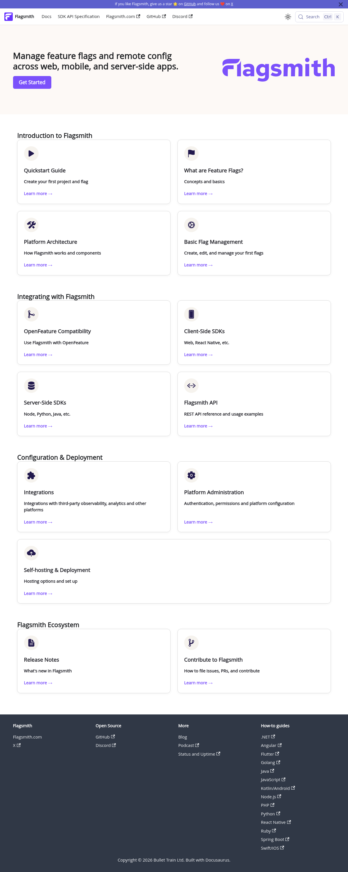 Flagsmith documentation homepage captured 2026-10-14. The numbered notes describe its navigation and starting routes.