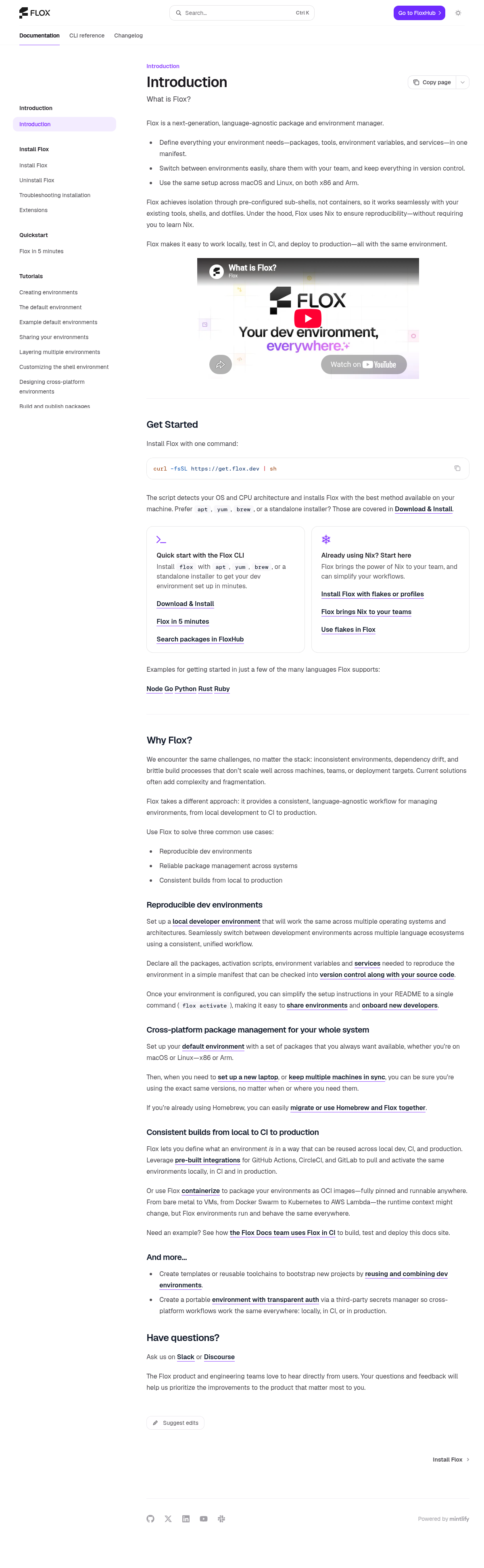 Flox documentation homepage captured 2026-10-14. The numbered notes describe its navigation and starting routes.