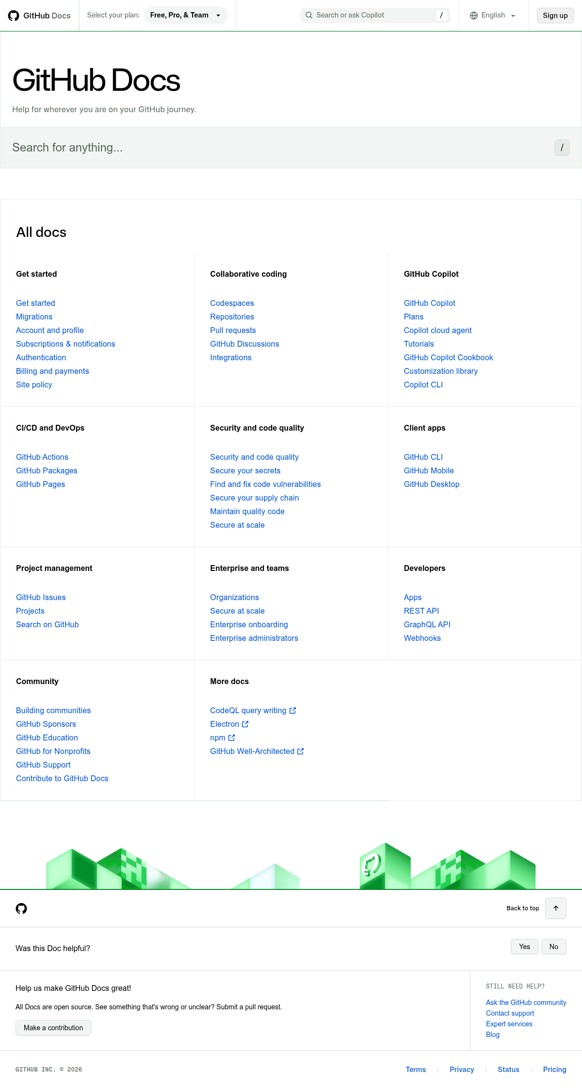 GitHub Docs documentation homepage captured 2026-10-14. The numbered notes describe its navigation and starting routes.