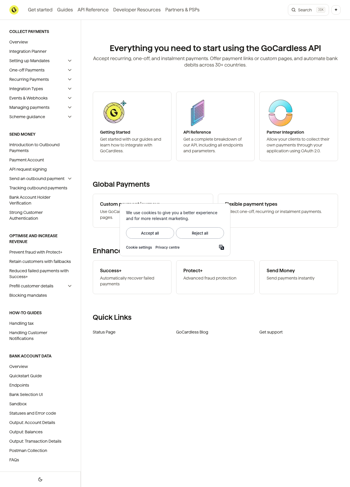 GoCardless documentation homepage captured 2026-10-14. The numbered notes describe its navigation and starting routes.