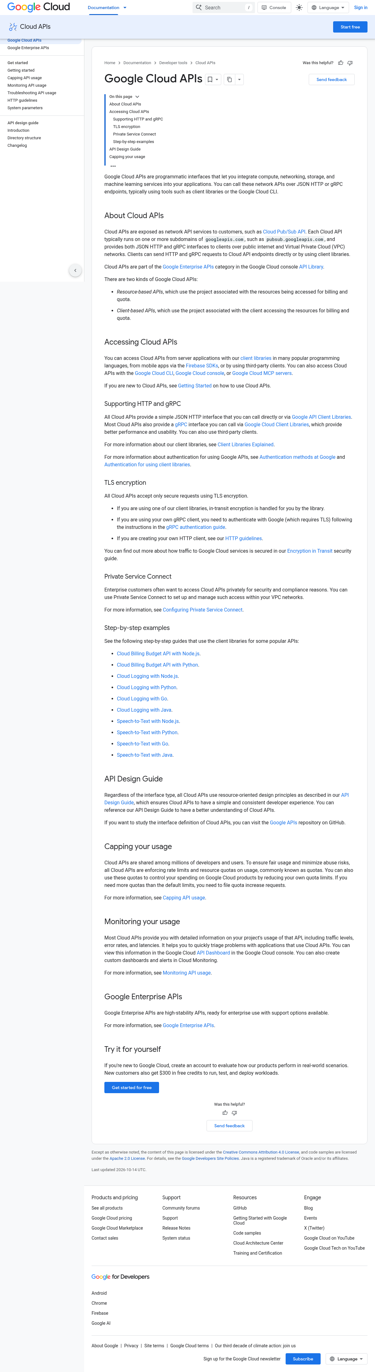 Google Cloud APIs Documentation documentation homepage captured 2026-10-14. The numbered notes describe its navigation and starting routes.