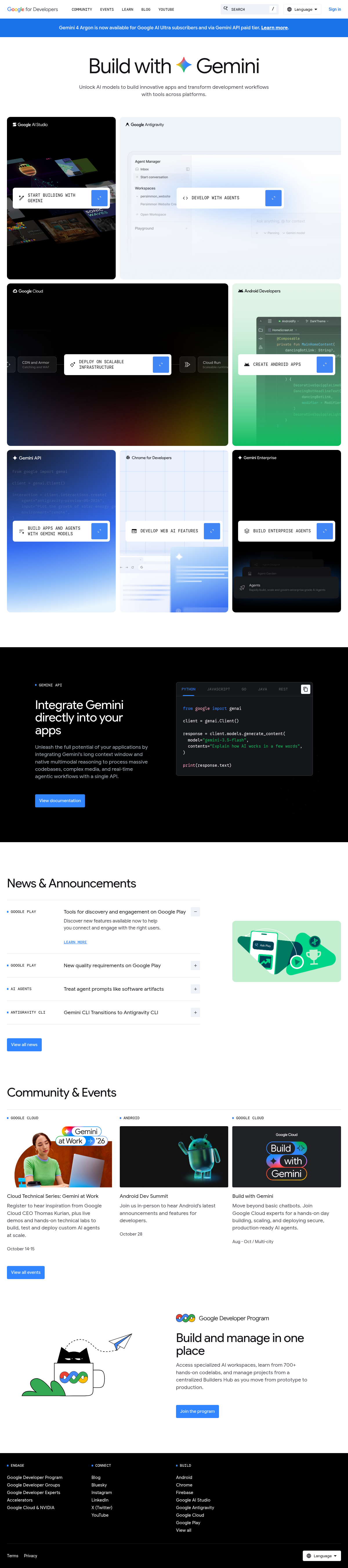 Google for Developers documentation homepage captured 2026-10-14. The numbered notes describe its navigation and starting routes.