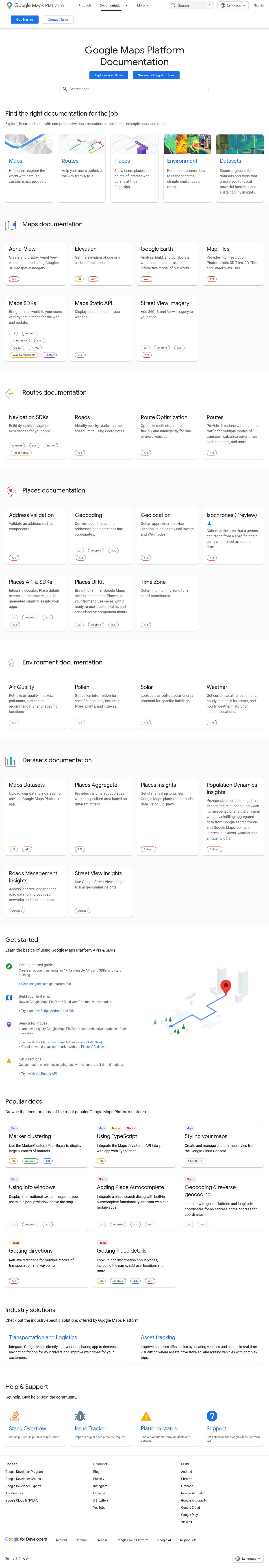 Google Maps Platform Documentation documentation homepage captured 2026-10-14. The numbered notes describe its navigation and starting routes.
