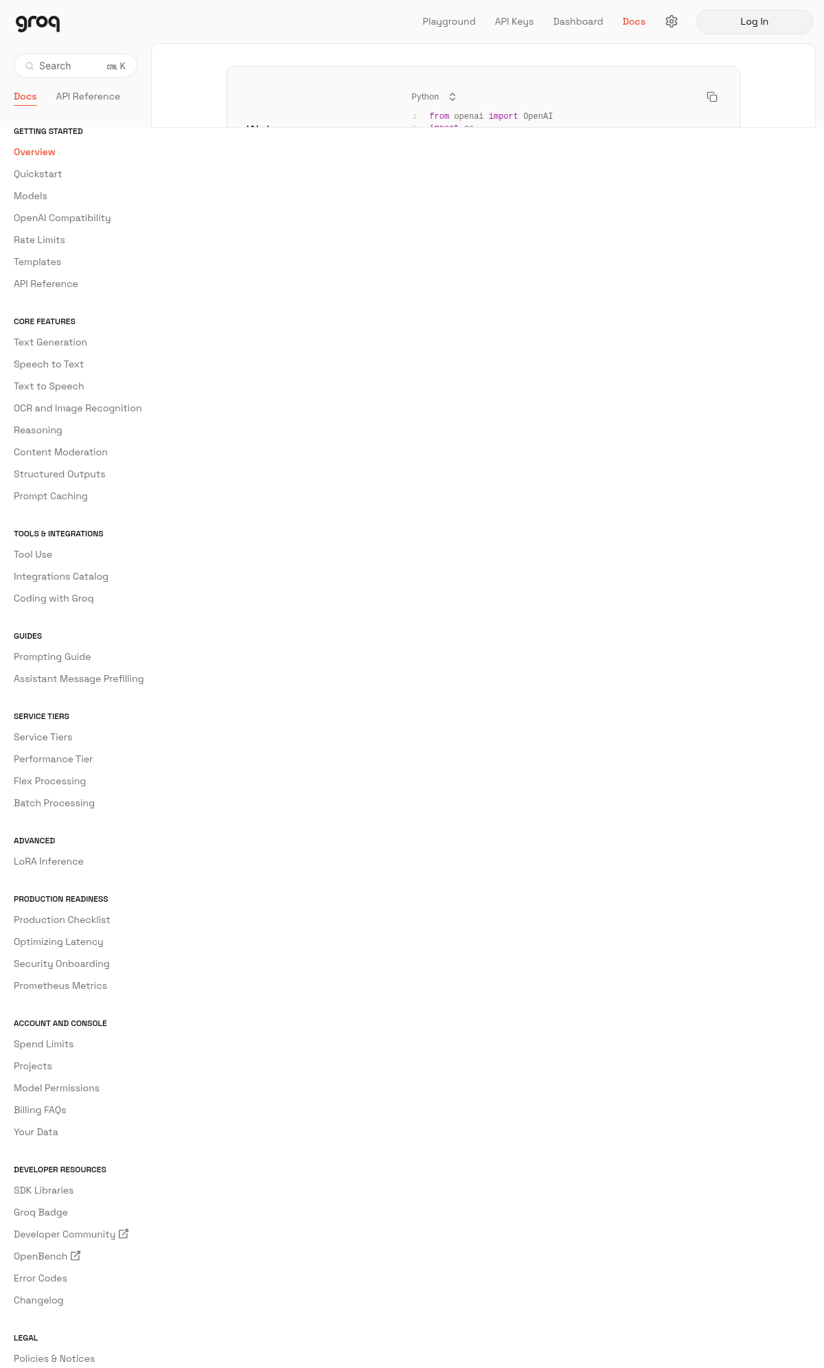 Groq documentation homepage captured 2026-10-14. The numbered notes describe its navigation and starting routes.