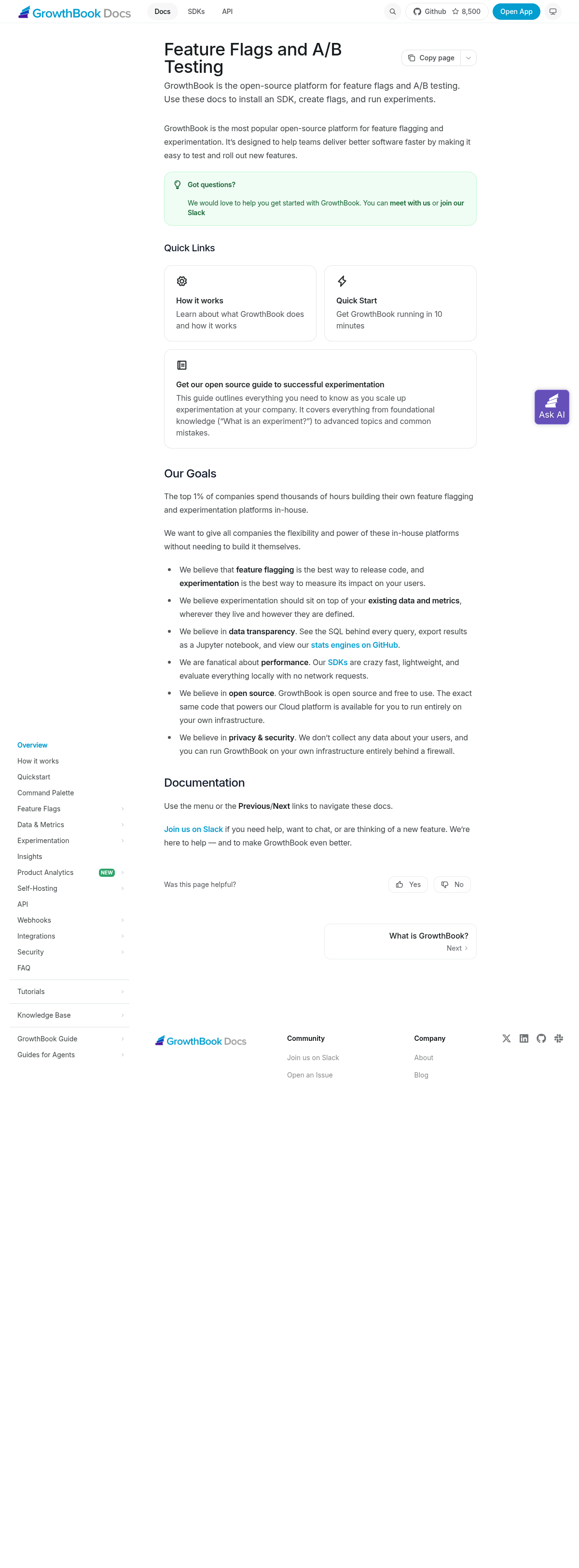 GrowthBook documentation homepage captured 2026-10-14. The numbered notes describe its navigation and starting routes.