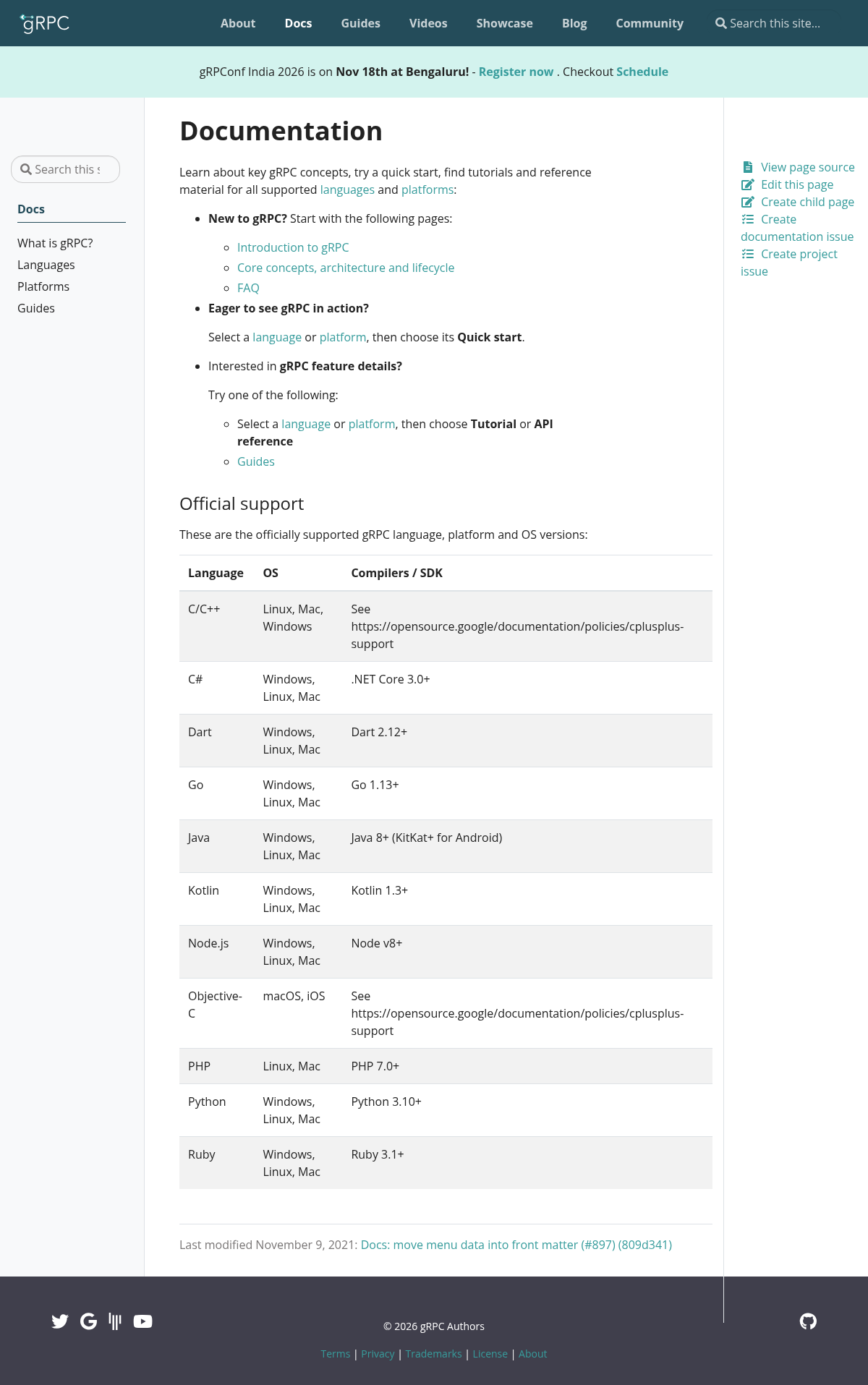 gRPC documentation homepage captured 2026-10-14. The numbered notes describe its navigation and starting routes.