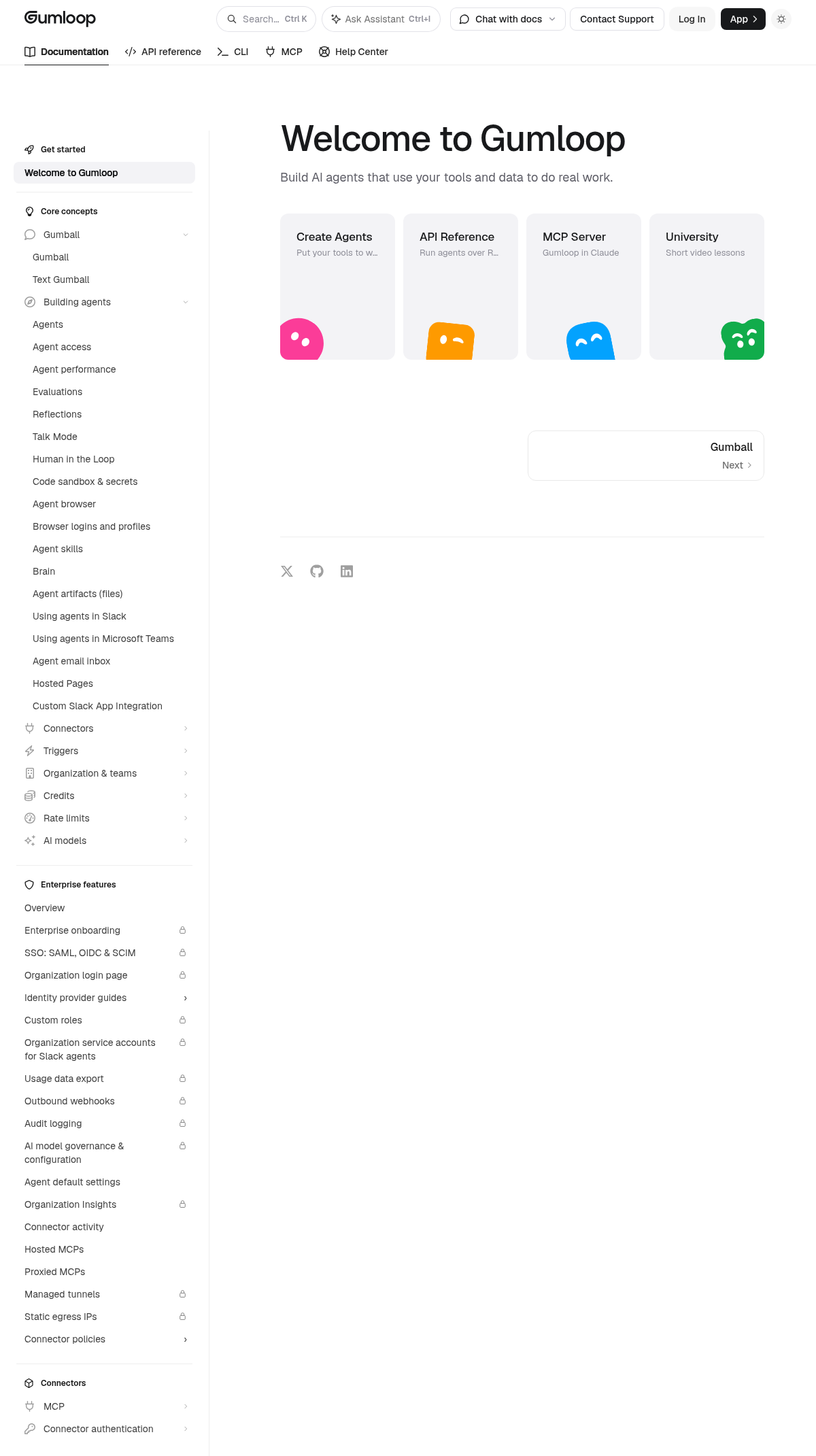 Gumloop documentation homepage captured 2026-10-14. The numbered notes describe its navigation and starting routes.