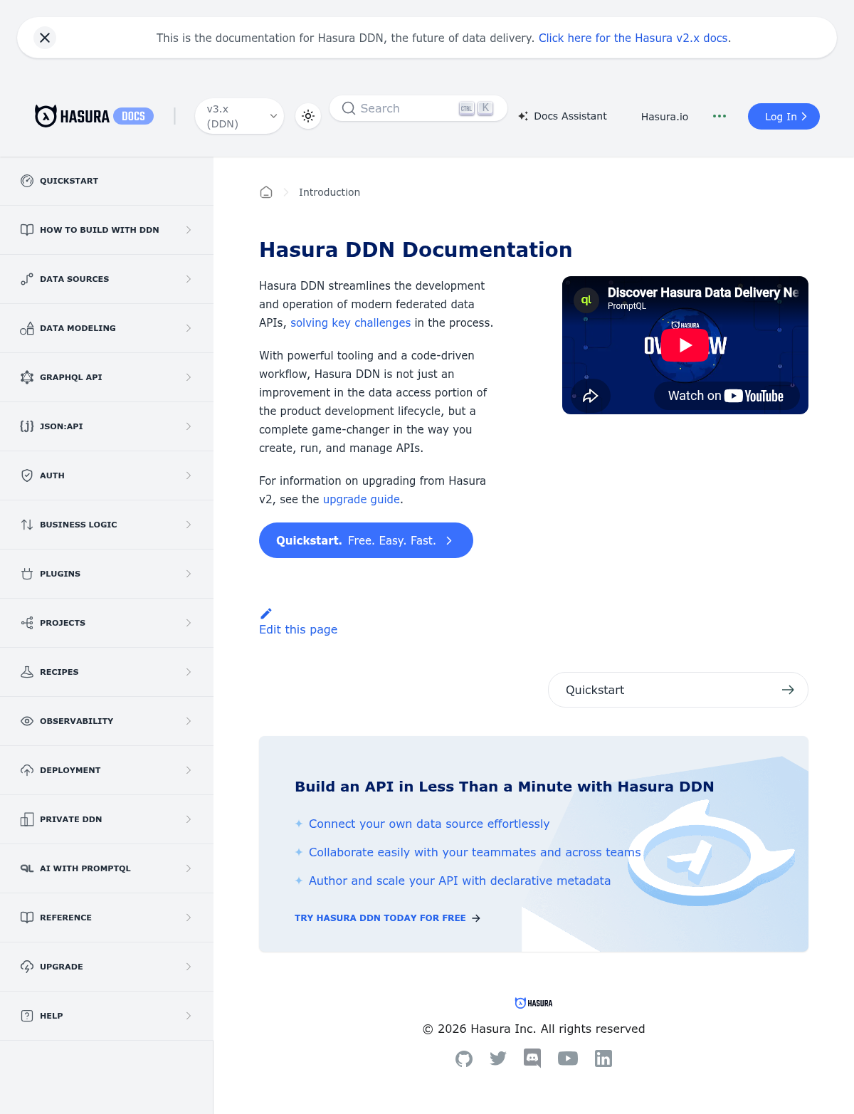 Hasura documentation homepage captured 2026-10-14. The numbered notes describe its navigation and starting routes.