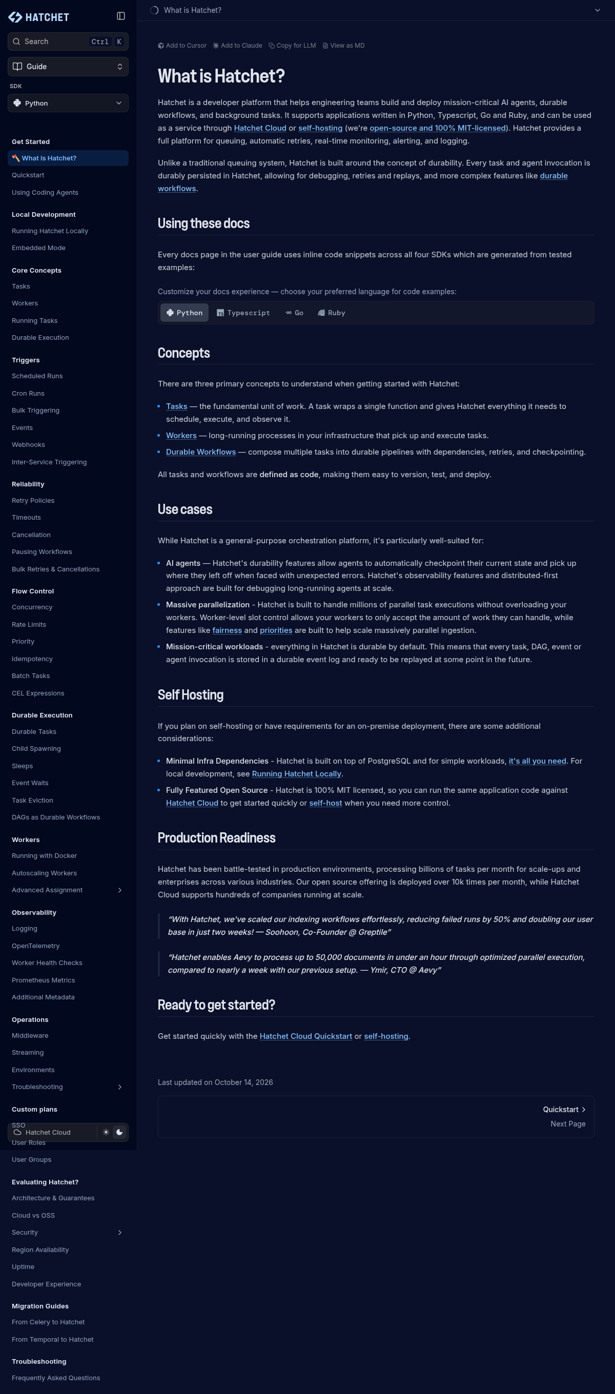 Hatchet documentation homepage captured 2026-10-14. The numbered notes describe its navigation and starting routes.