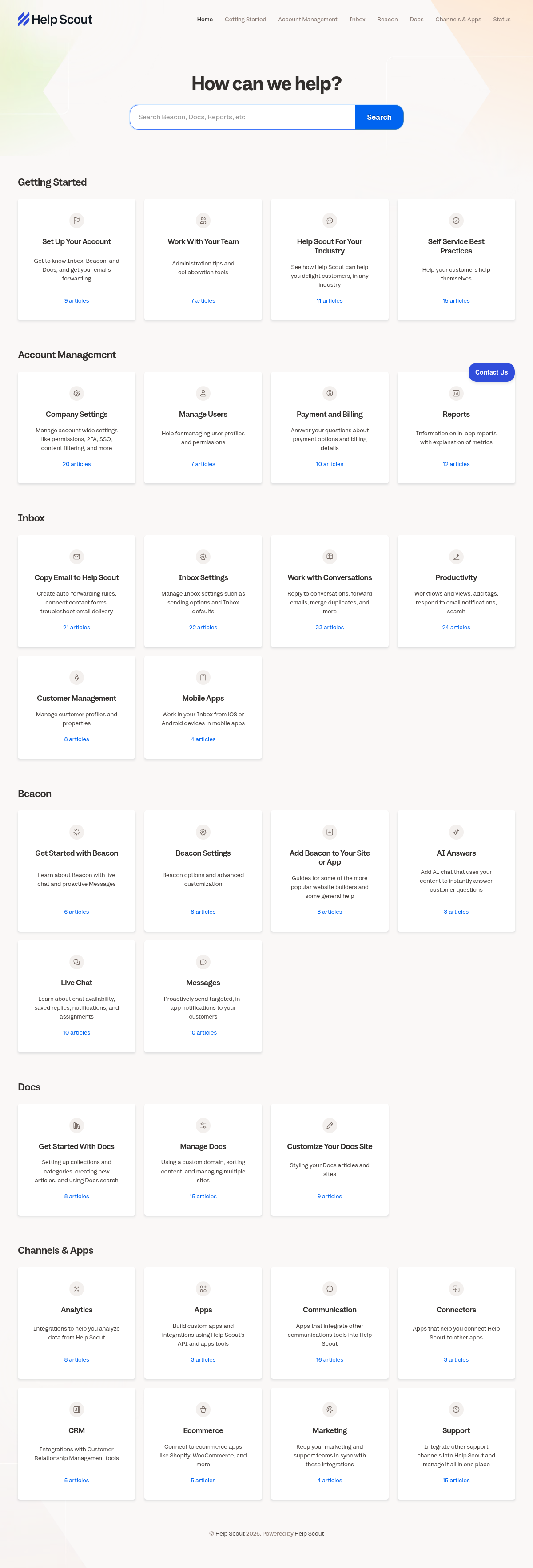 Help Scout documentation homepage captured 2026-10-14. The numbered notes describe its navigation and starting routes.