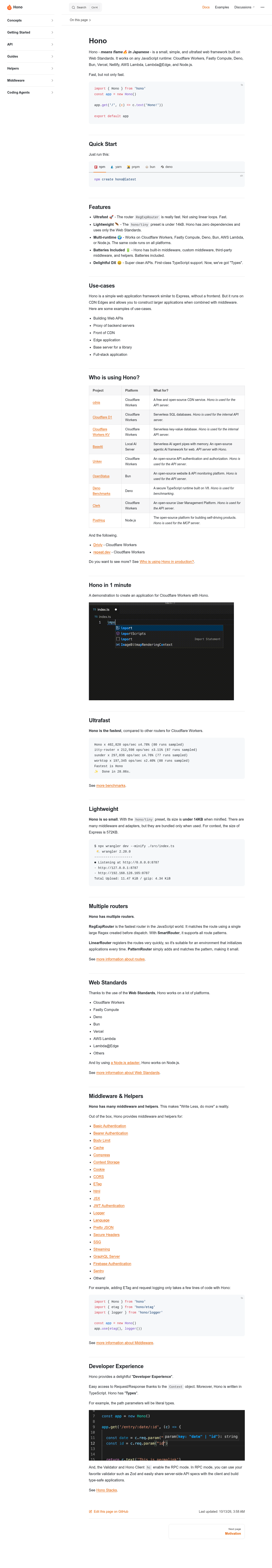 Hono documentation homepage captured 2026-10-14. The numbered notes describe its navigation and starting routes.