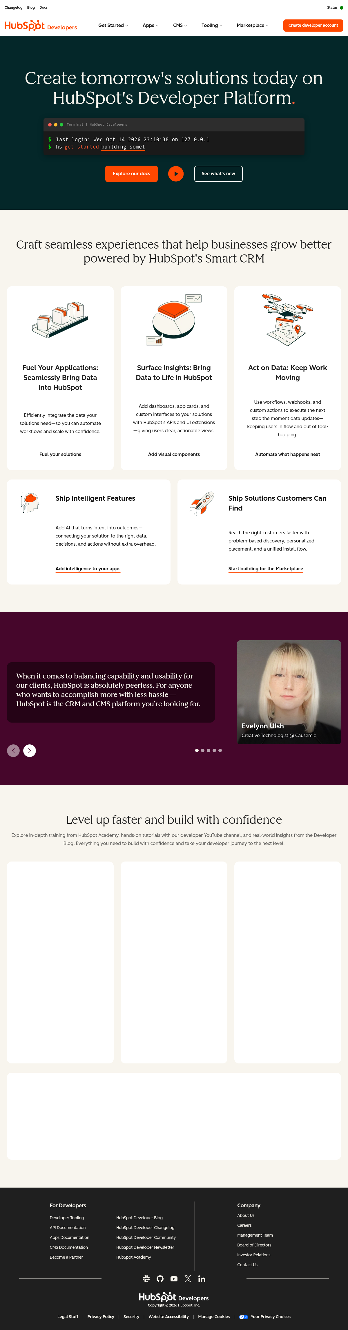 HubSpot Developer Platform documentation homepage captured 2026-10-14. The numbered notes describe its navigation and starting routes.