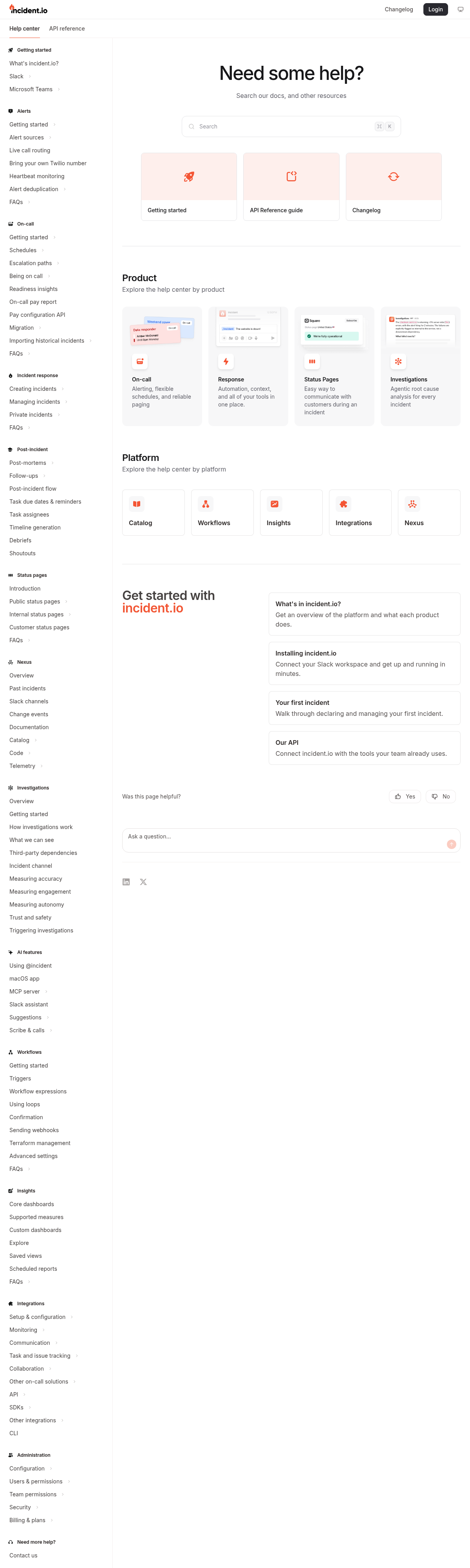 incident.io documentation homepage captured 2026-10-14. The numbered notes describe its navigation and starting routes.