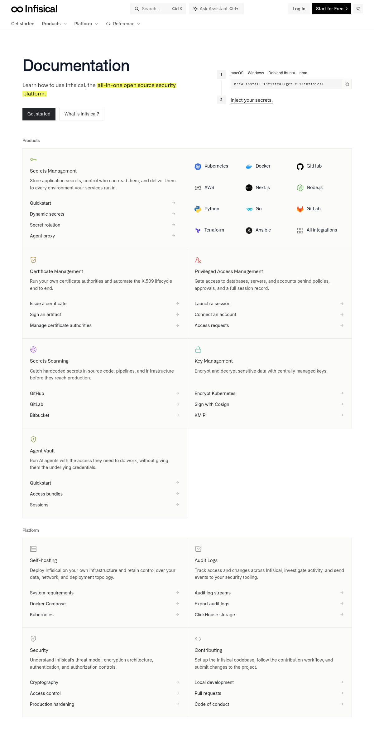 Infisical documentation homepage captured 2026-10-14. The numbered notes describe its navigation and starting routes.