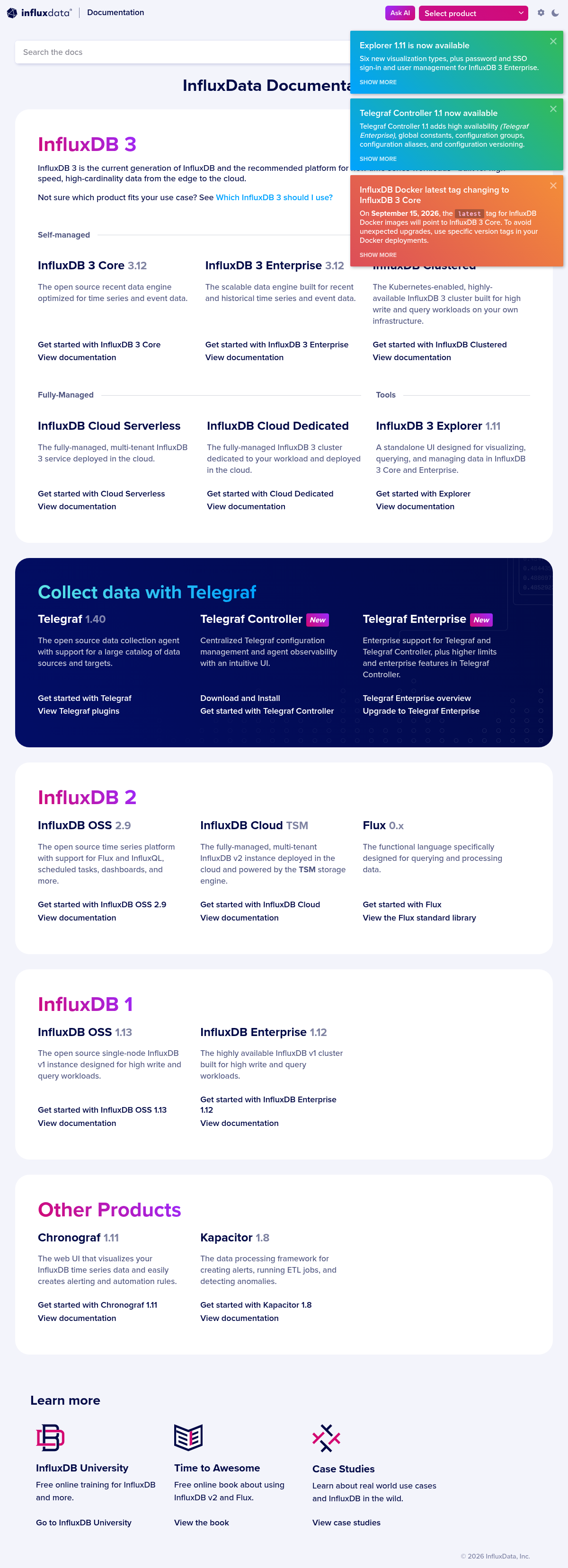 InfluxDB documentation homepage captured 2026-10-14. The numbered notes describe its navigation and starting routes.