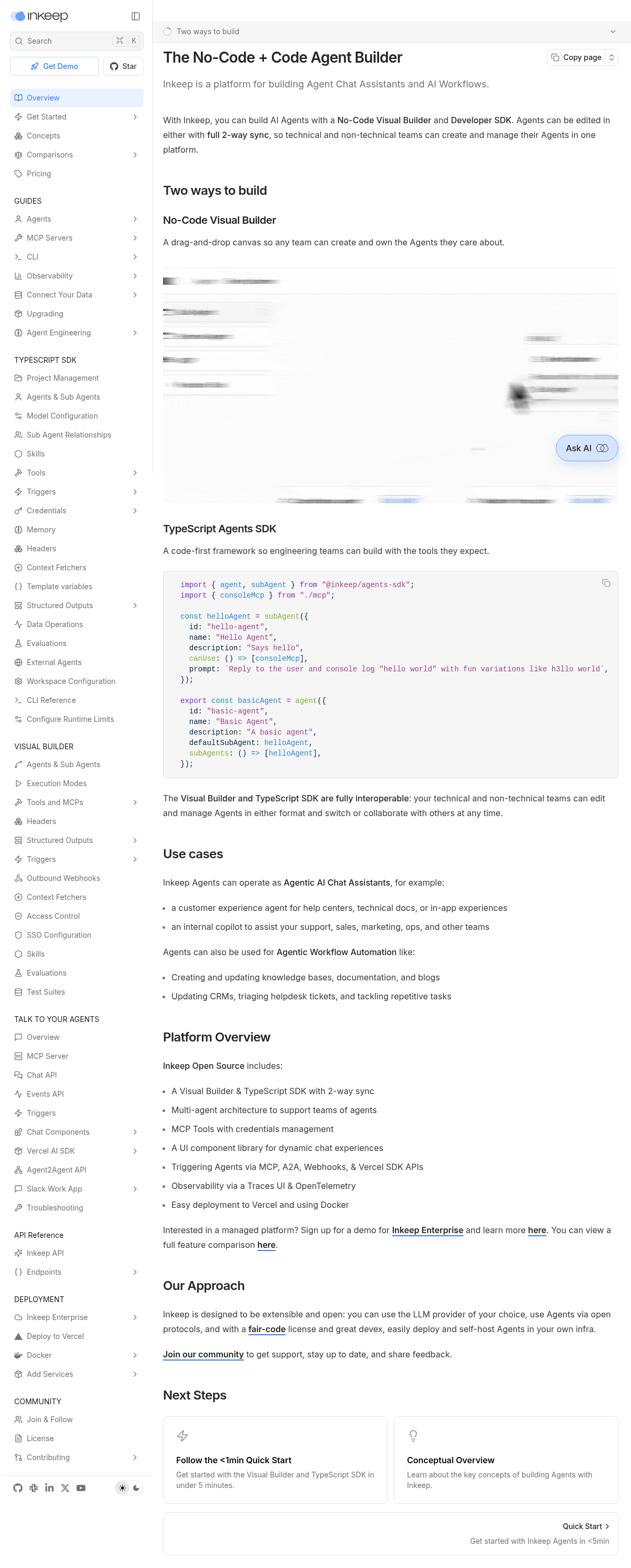 Inkeep documentation homepage captured 2026-10-14. The numbered notes describe its navigation and starting routes.