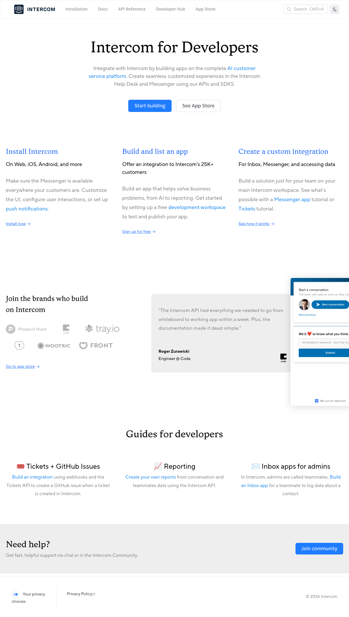 Intercom Developers documentation homepage captured 2026-10-14. The numbered notes describe its navigation and starting routes.