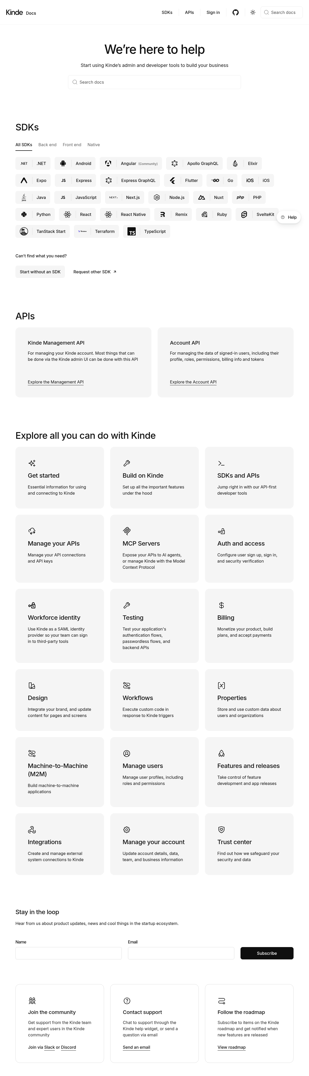 Kinde documentation homepage captured 2026-10-14. The numbered notes describe its navigation and starting routes.