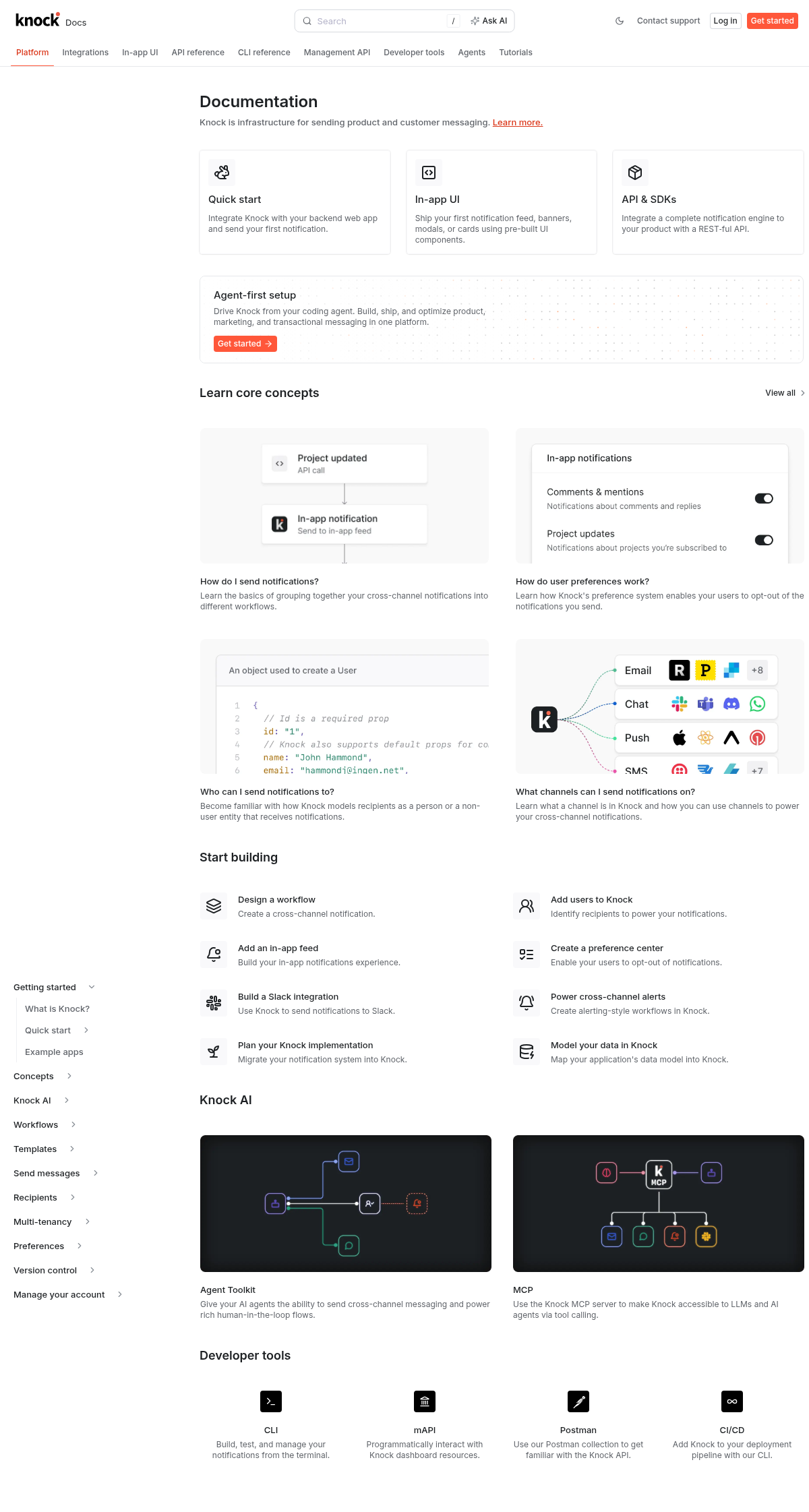 Knock documentation homepage captured 2026-10-14. The numbered notes describe its navigation and starting routes.
