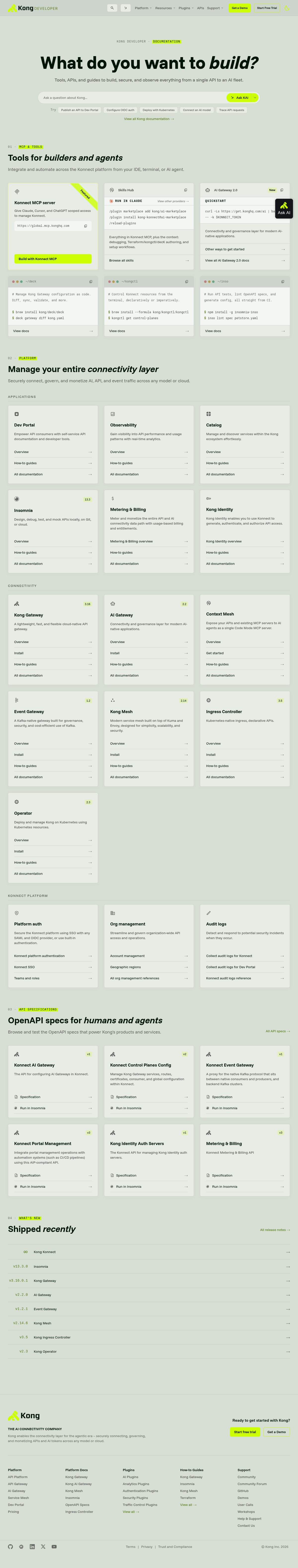 Kong documentation homepage captured 2026-10-14. The numbered notes describe its navigation and starting routes.