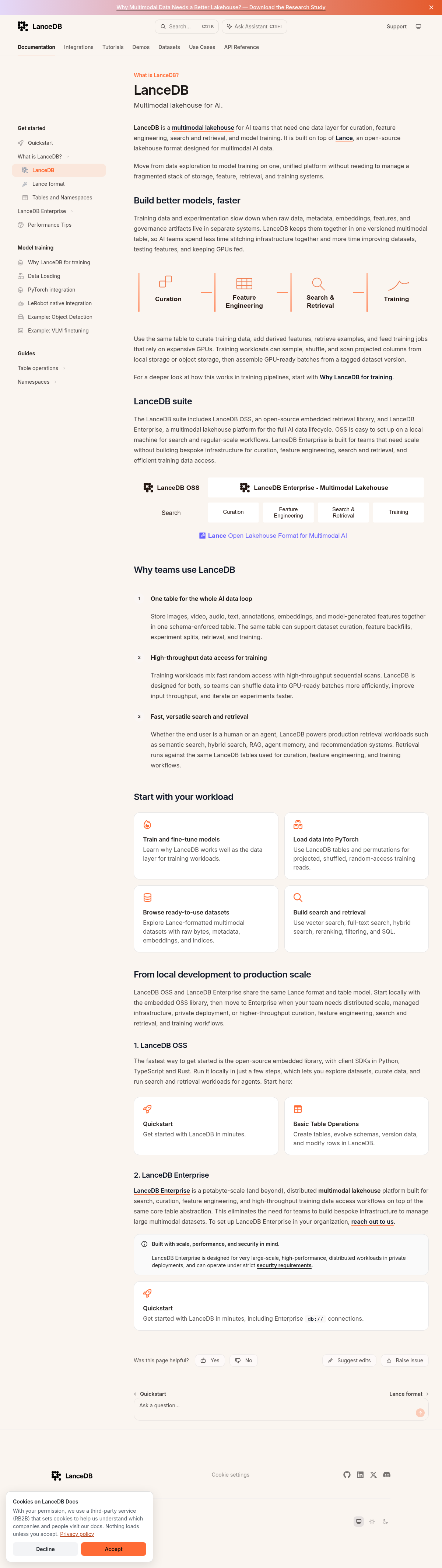 LanceDB documentation homepage captured 2026-10-14. The numbered notes describe its navigation and starting routes.