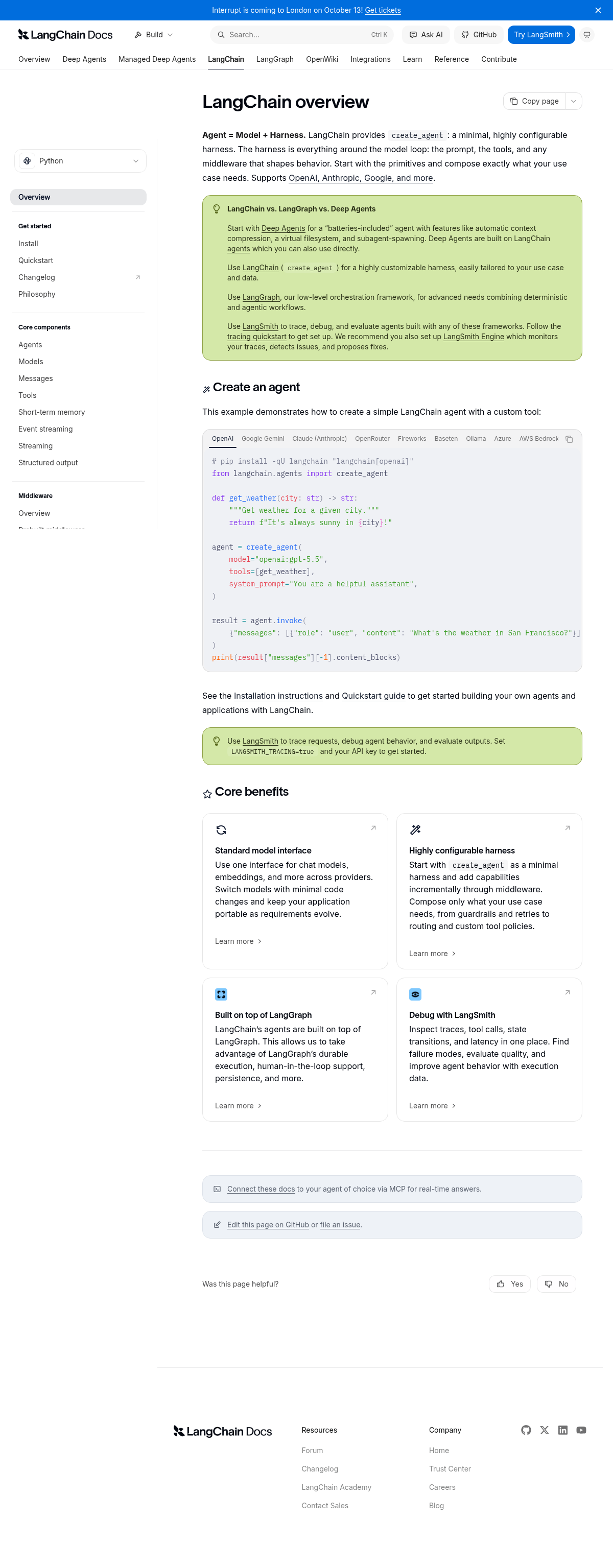 LangChain documentation homepage captured 2026-10-14. The numbered notes describe its navigation and starting routes.