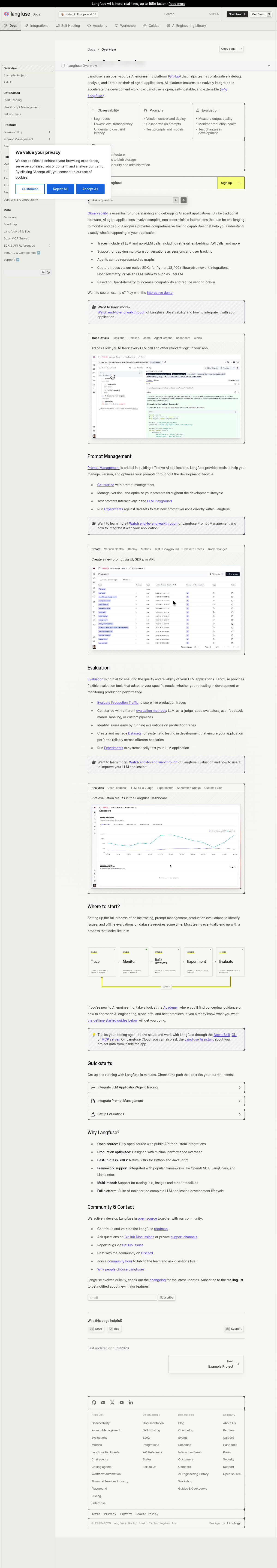 Langfuse documentation homepage captured 2026-10-14. The numbered notes describe its navigation and starting routes.