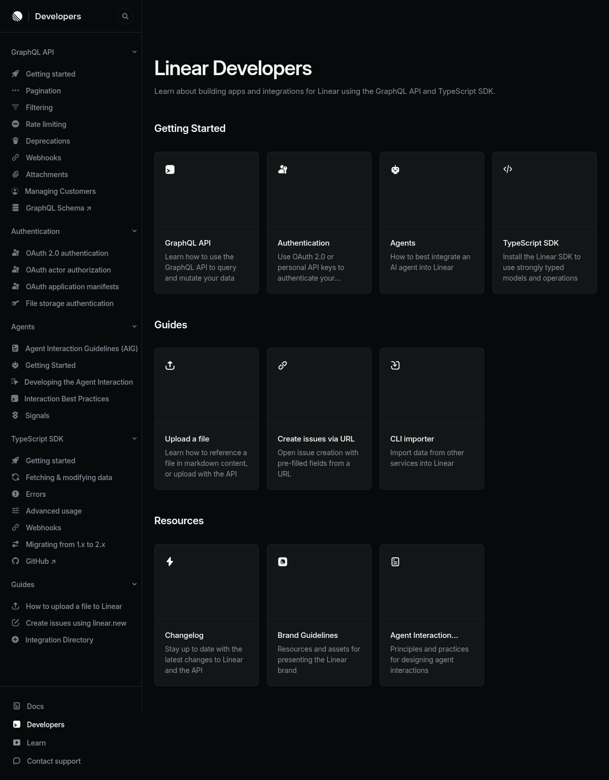 Linear documentation homepage captured 2026-10-14. The numbered notes describe its navigation and starting routes.