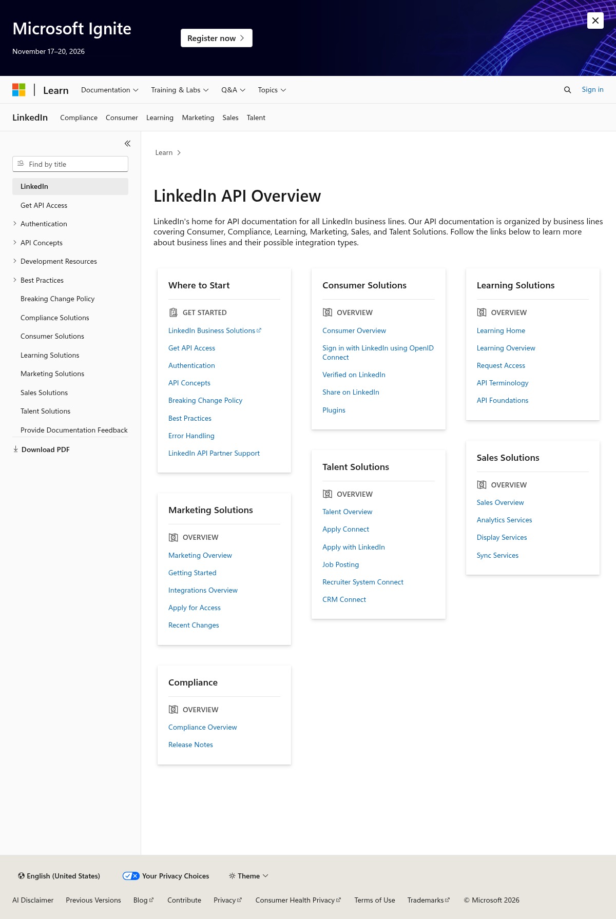 LinkedIn API Overview documentation homepage captured 2026-10-14. The numbered notes describe its navigation and starting routes.