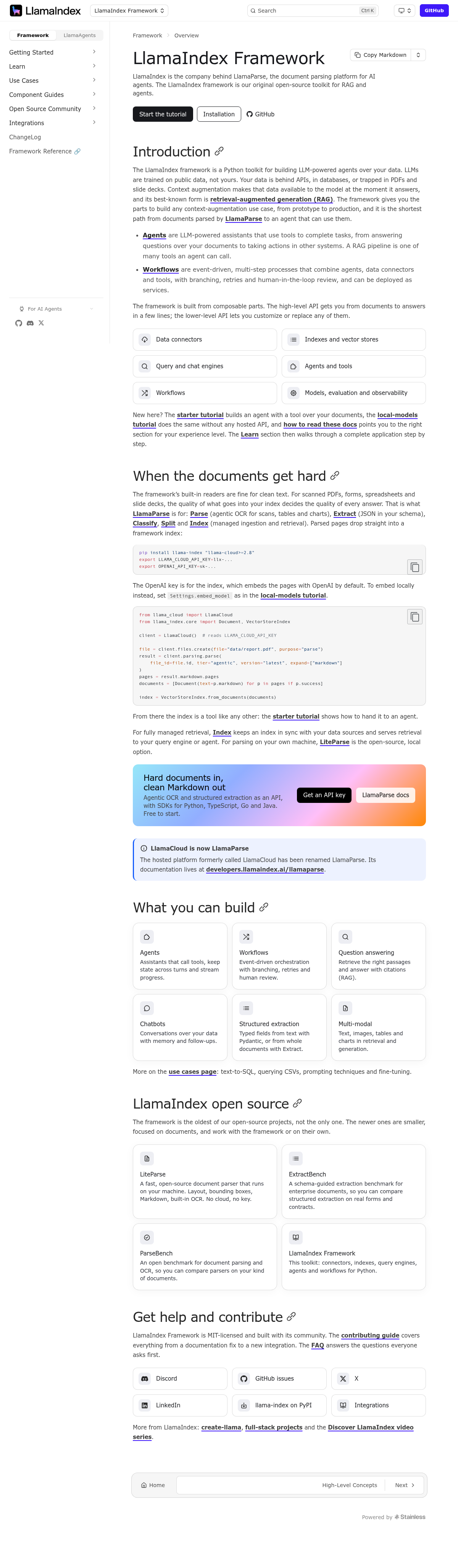LlamaIndex documentation homepage captured 2026-10-14. The numbered notes describe its navigation and starting routes.