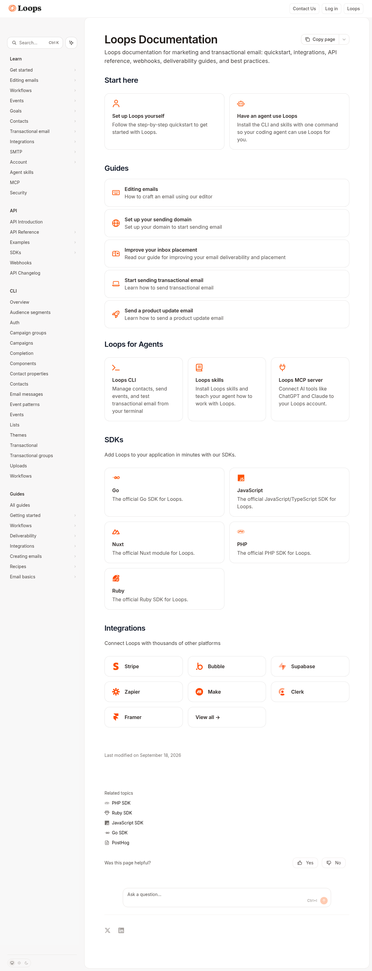Loops documentation homepage captured 2026-10-14. The numbered notes describe its navigation and starting routes.