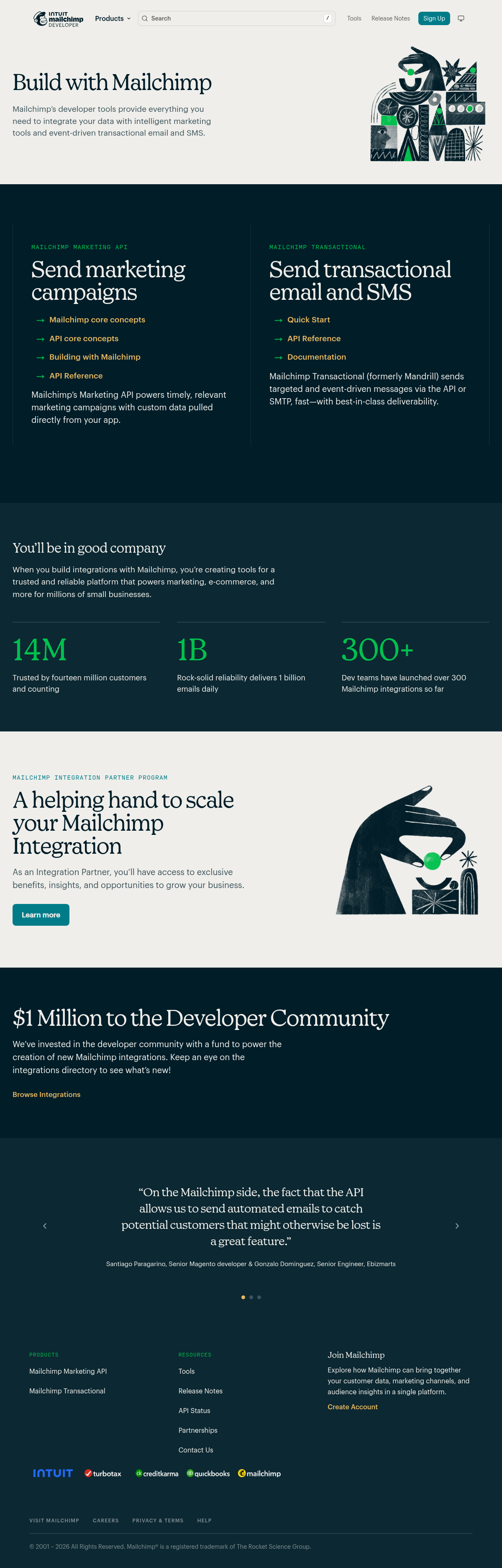 Mailchimp Developer documentation homepage captured 2026-10-14. The numbered notes describe its navigation and starting routes.