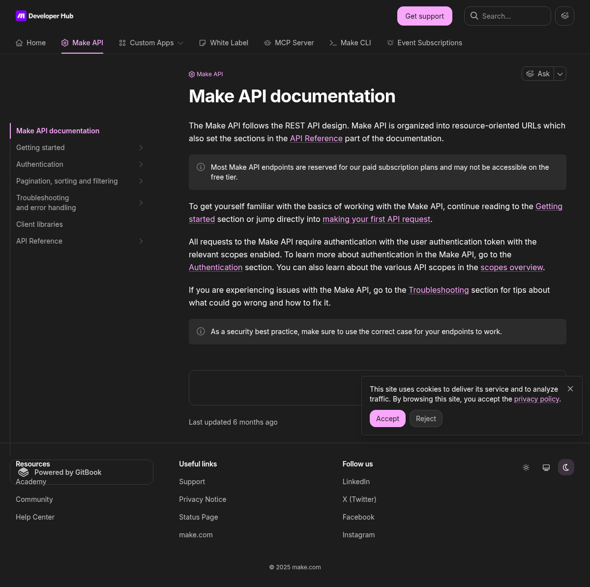 Make API documentation homepage captured 2026-10-14. The numbered notes describe its navigation and starting routes.