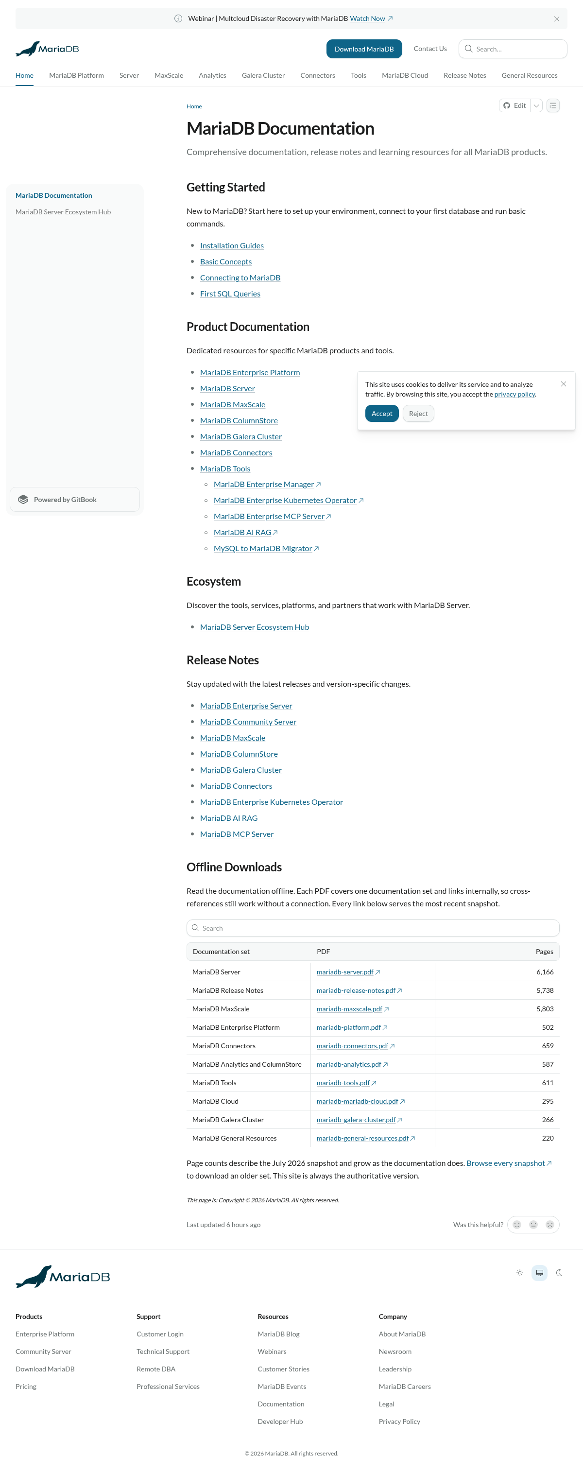 MariaDB documentation homepage captured 2026-10-14. The numbered notes describe its navigation and starting routes.