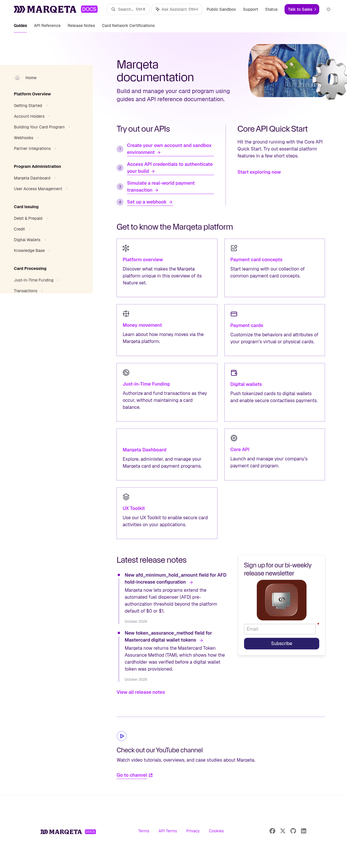 Marqeta documentation homepage captured 2026-10-14. The numbered notes describe its navigation and starting routes.