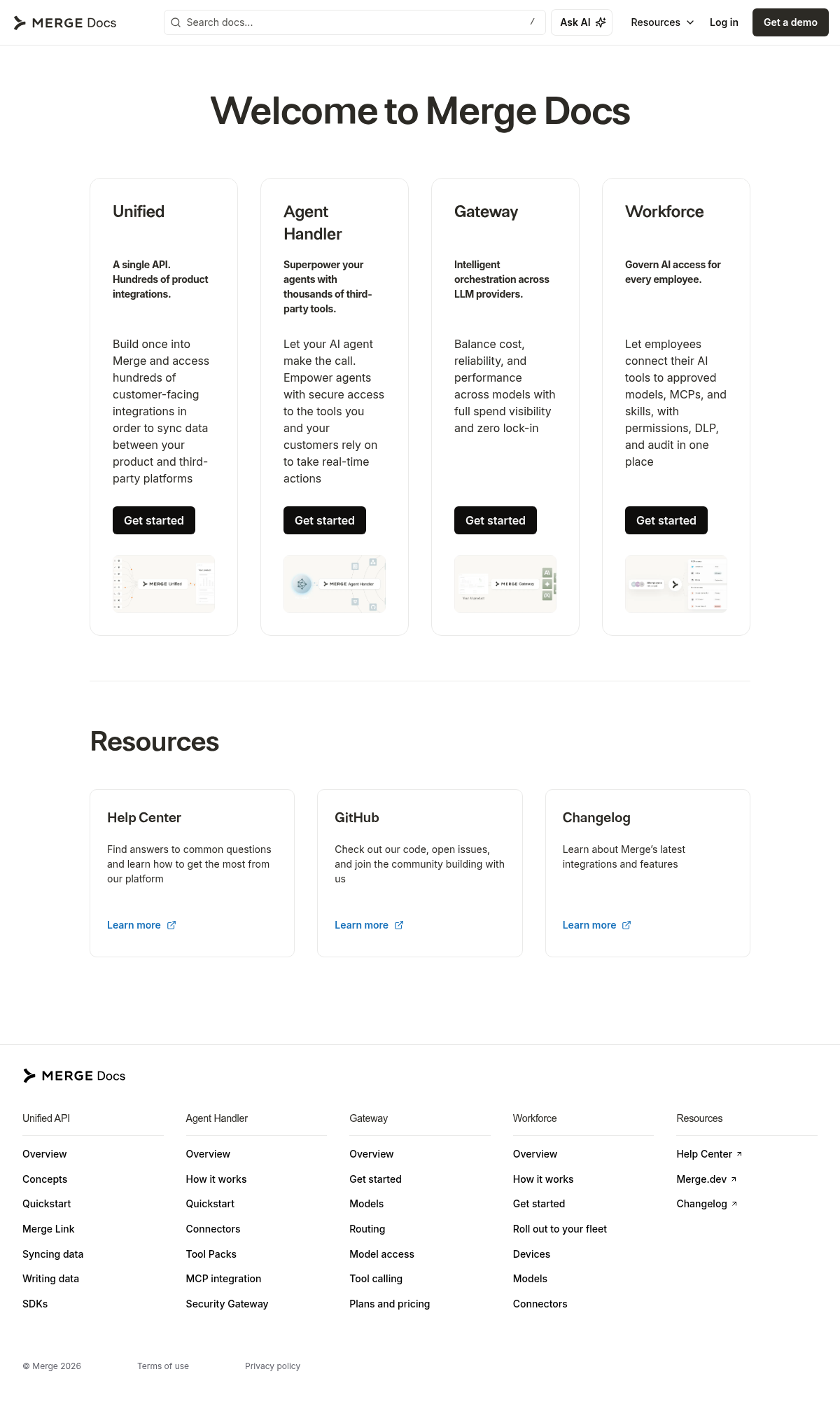 Merge documentation homepage captured 2026-10-14. The numbered notes describe its navigation and starting routes.