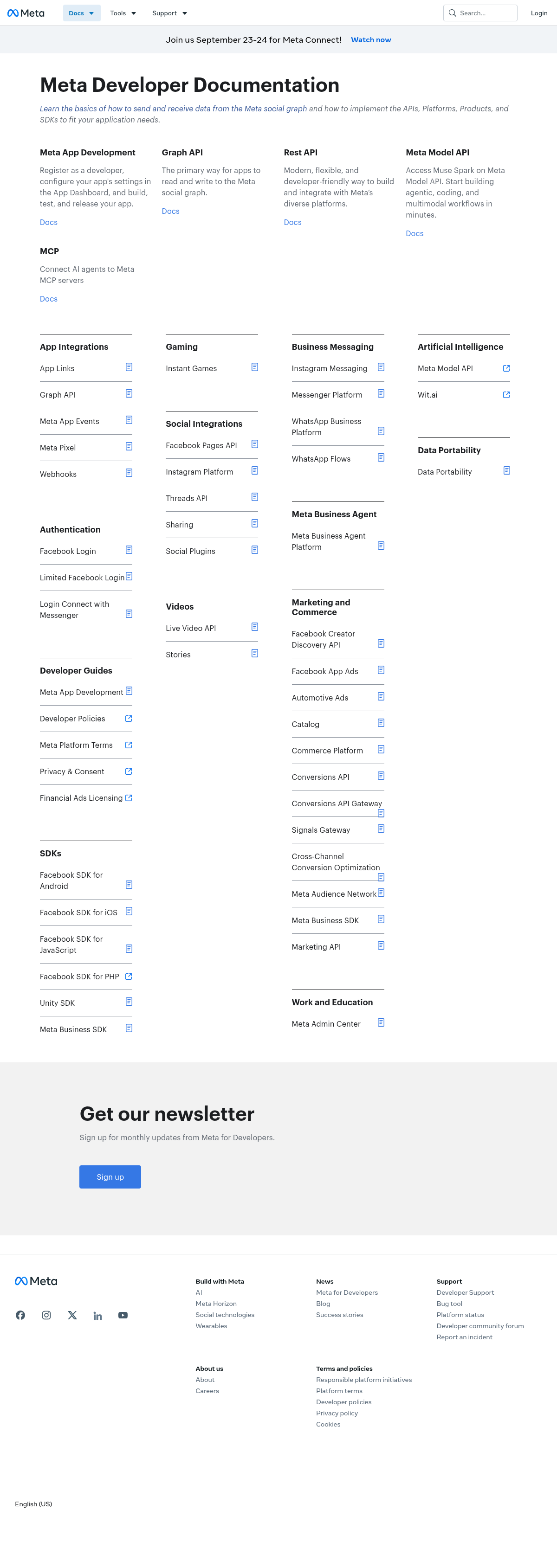 Meta Developer Documentation documentation homepage captured 2026-10-14. The numbered notes describe its navigation and starting routes.