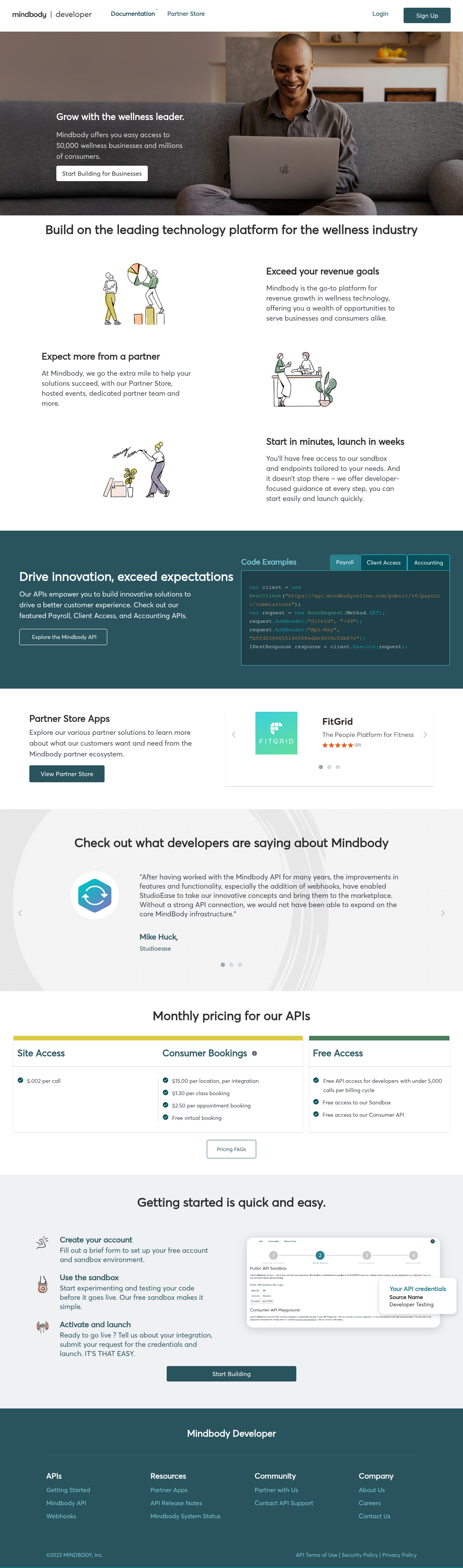MINDBODY Developer APIs documentation homepage captured 2026-10-14. The numbered notes describe its navigation and starting routes.