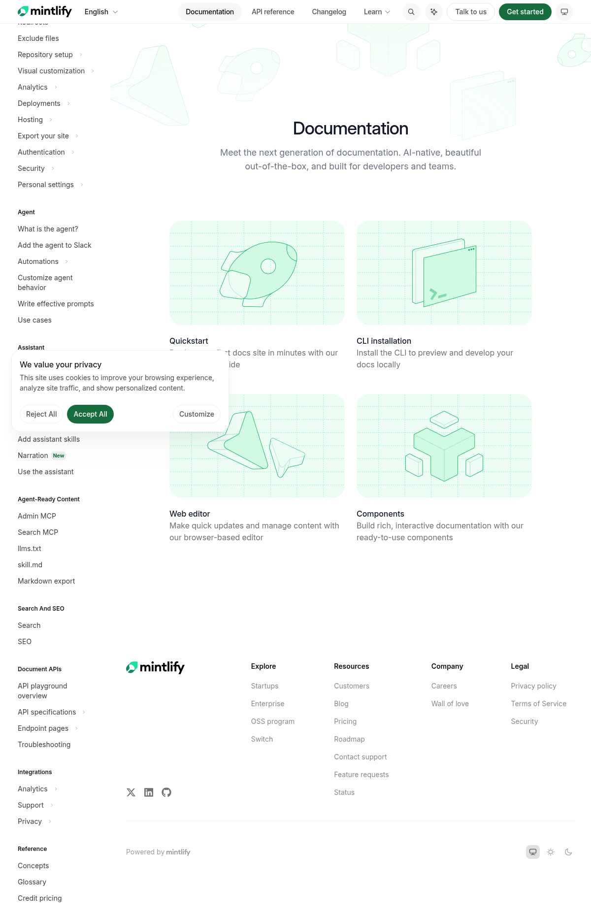 Mintlify documentation homepage captured 2026-10-14. The numbered notes describe its navigation and starting routes.