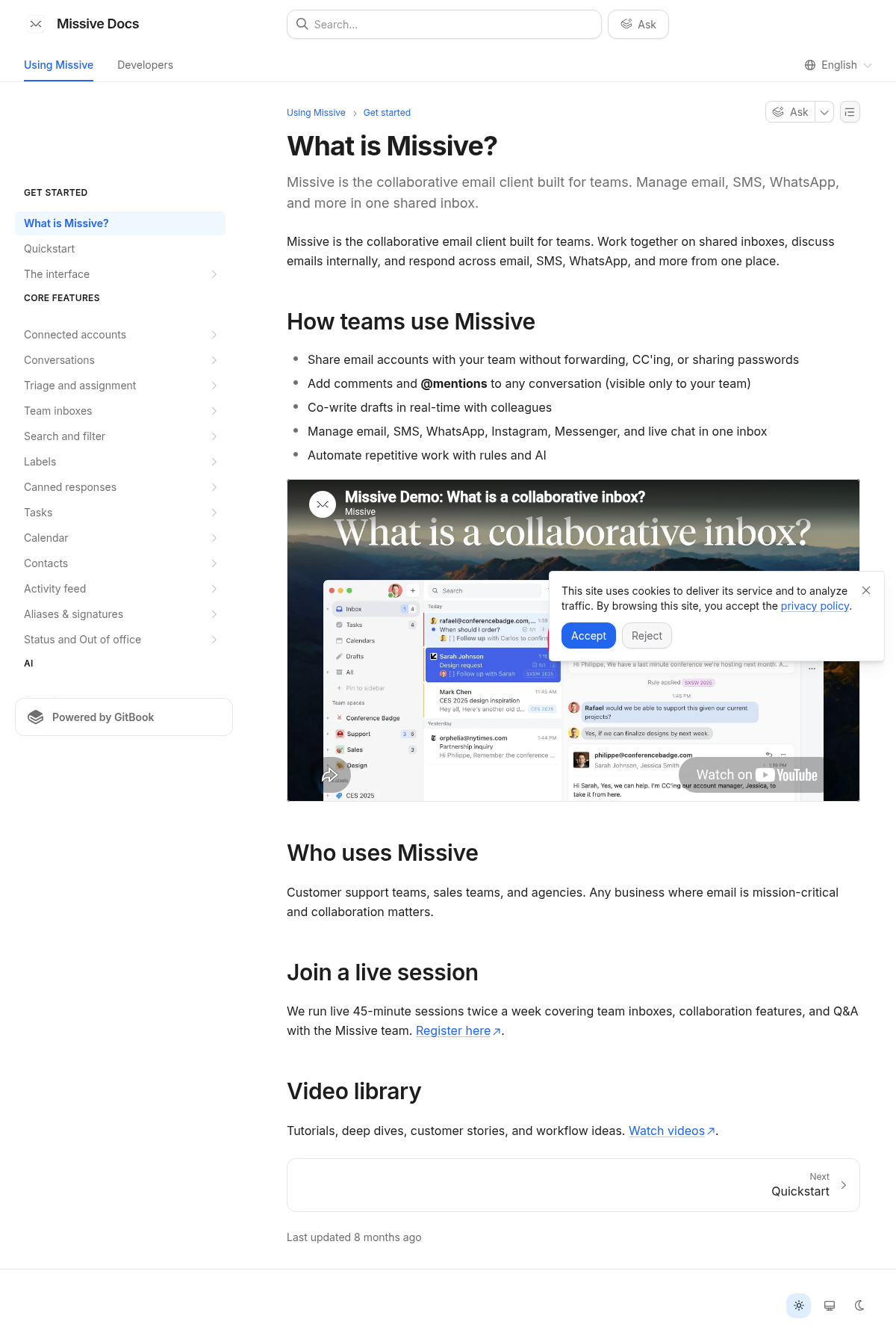 Missive documentation homepage captured 2026-10-14. The numbered notes describe its navigation and starting routes.