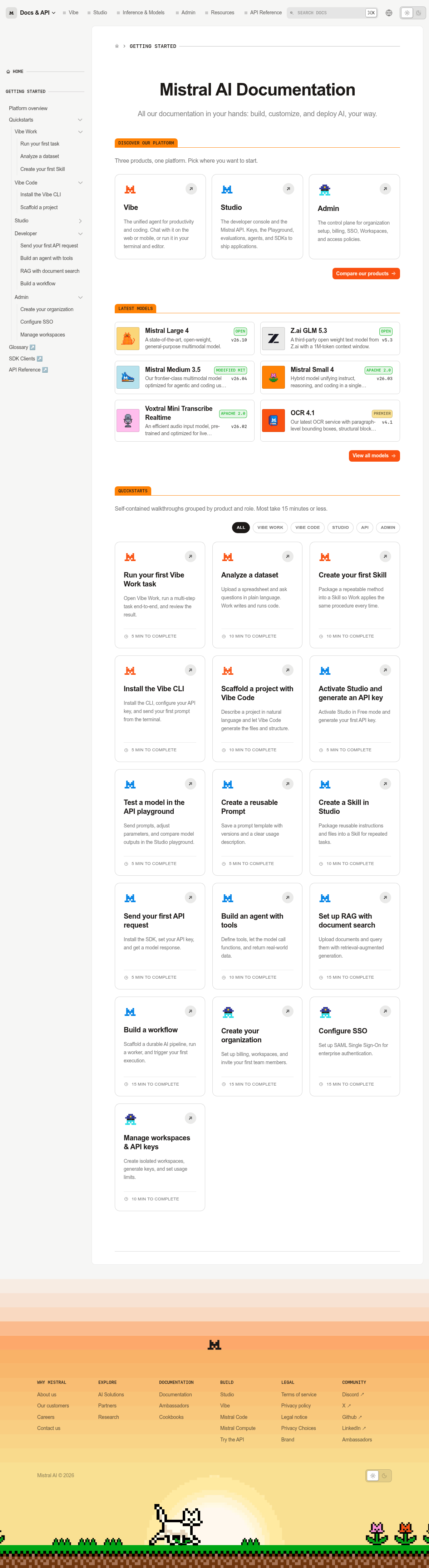 Mistral AI documentation homepage captured 2026-10-14. The numbered notes describe its navigation and starting routes.