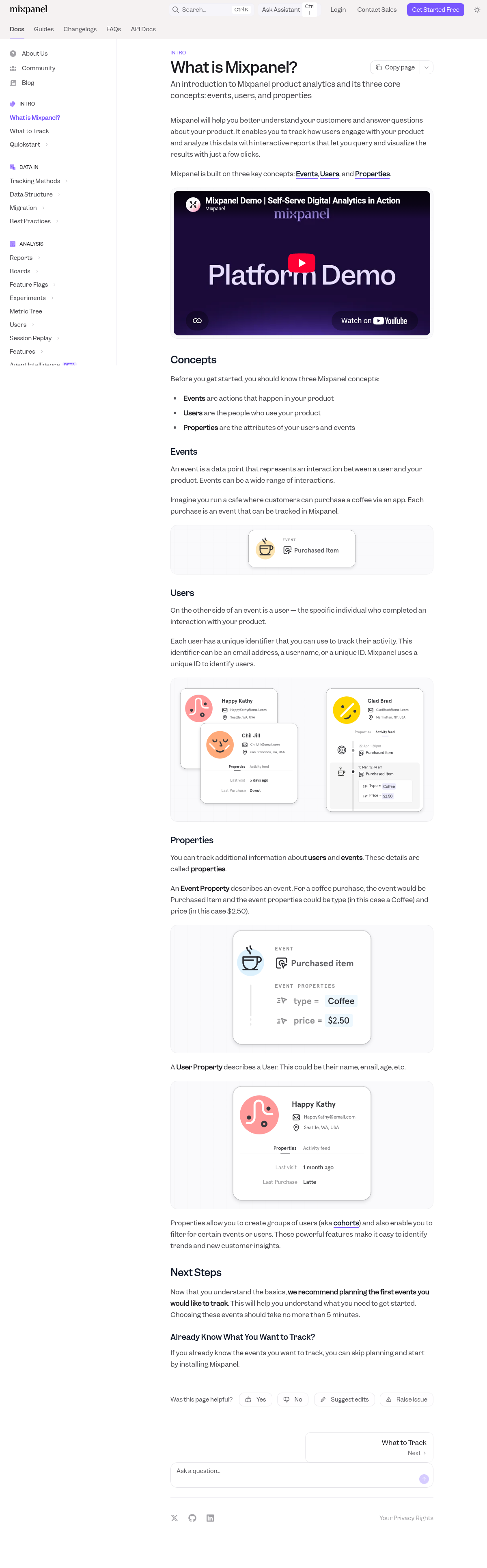 Mixpanel documentation homepage captured 2026-10-14. The numbered notes describe its navigation and starting routes.